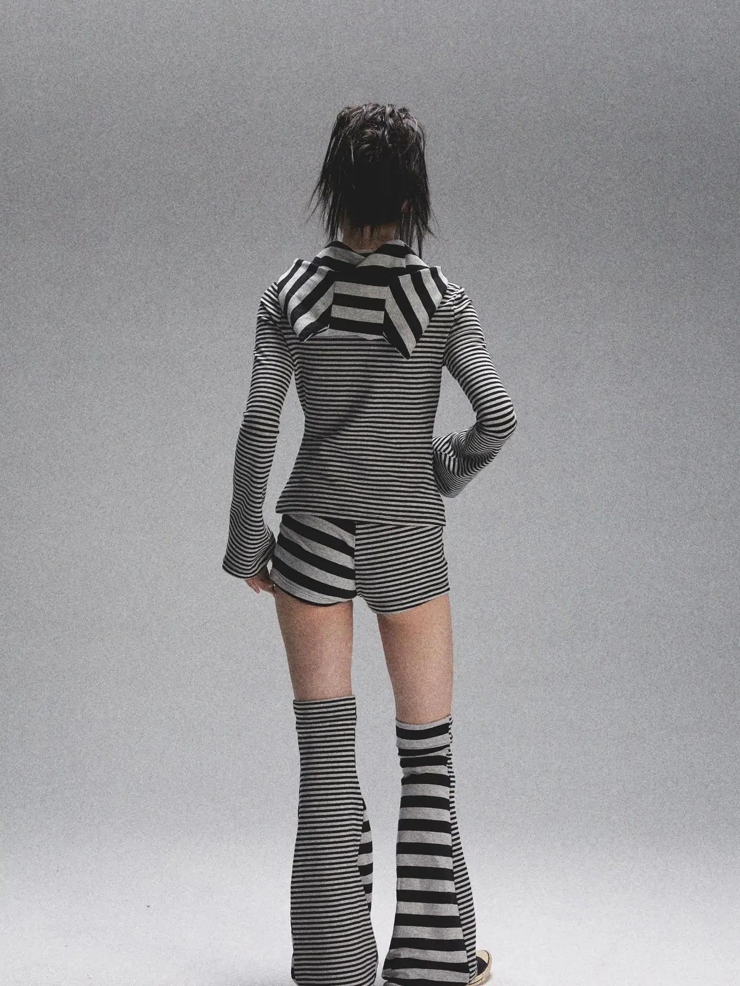 Space Cotton Stretch Cat Ear Patch Stripe Print Flap Pocket Pants Hood T