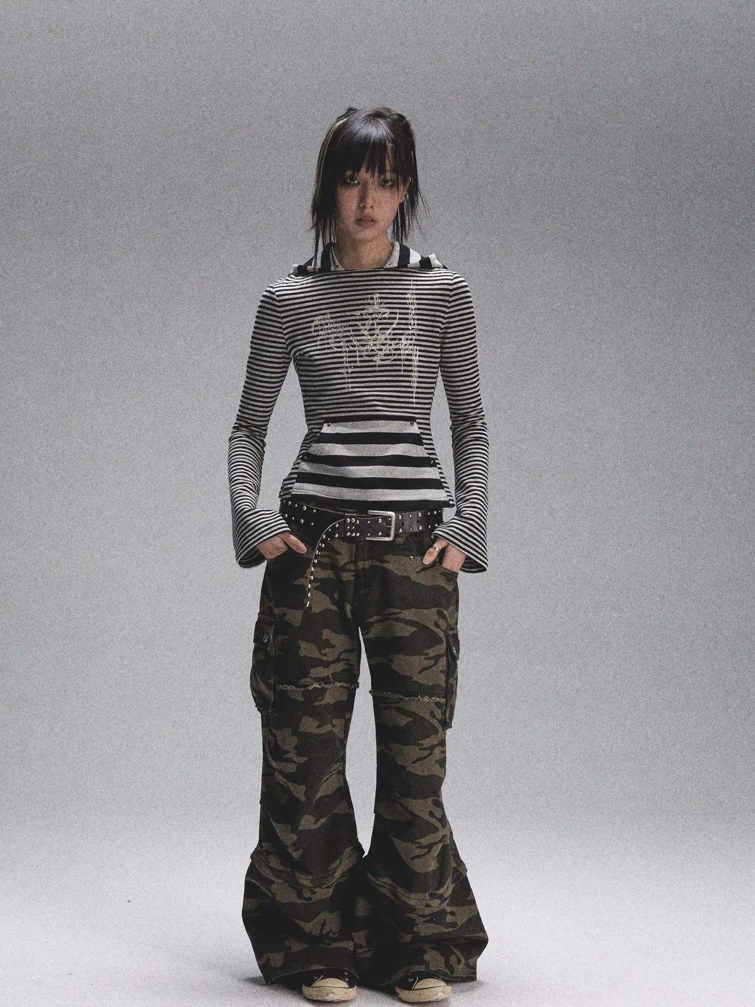 Space Cotton Stretch Cat Ear Patch Stripe Print Flap Pocket Pants Hood T