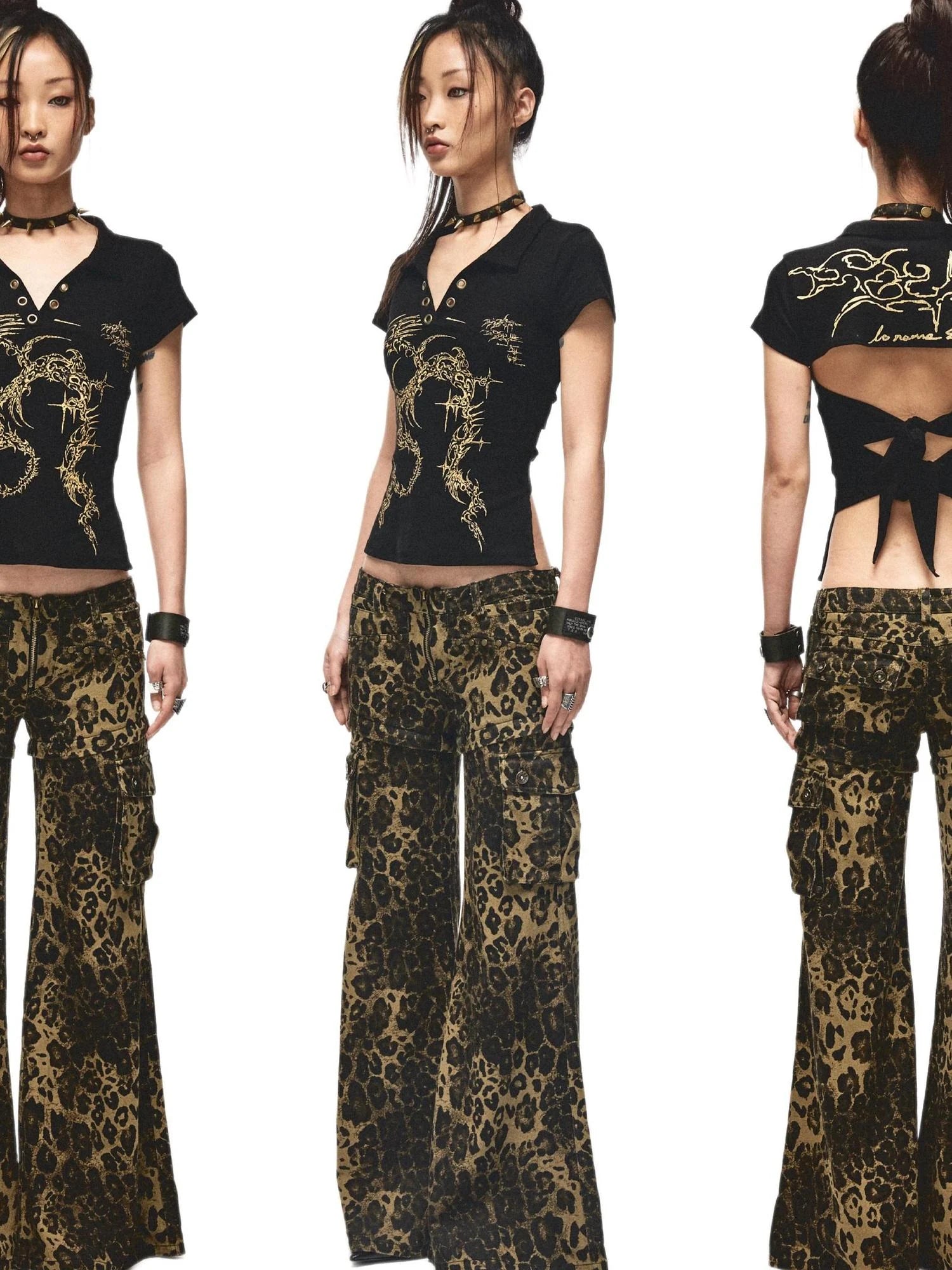 Space Leopard Low Rise Studded Flare Pants Convertible Shorts