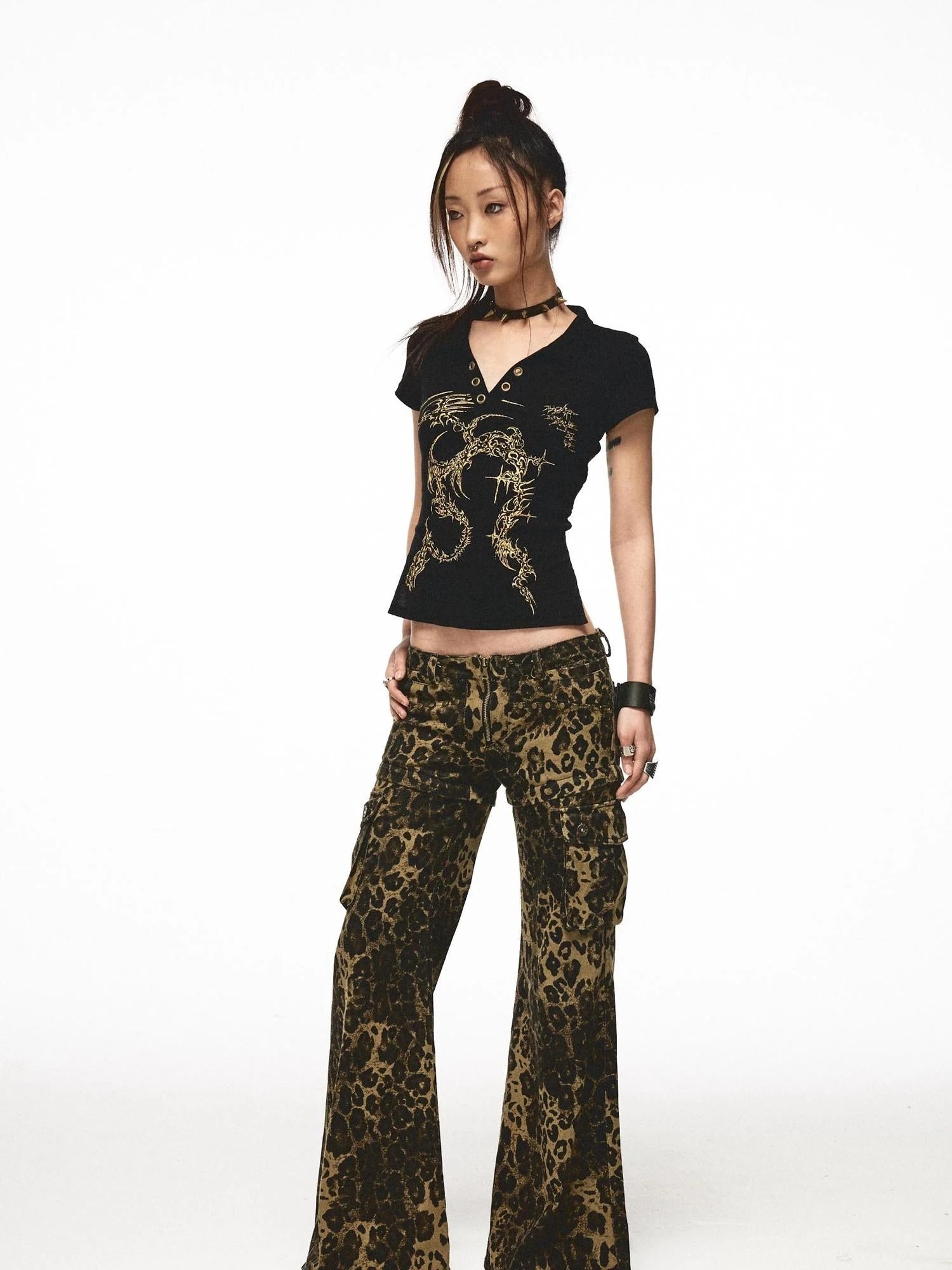 Space Leopard Low Rise Studded Flare Pants Convertible Shorts