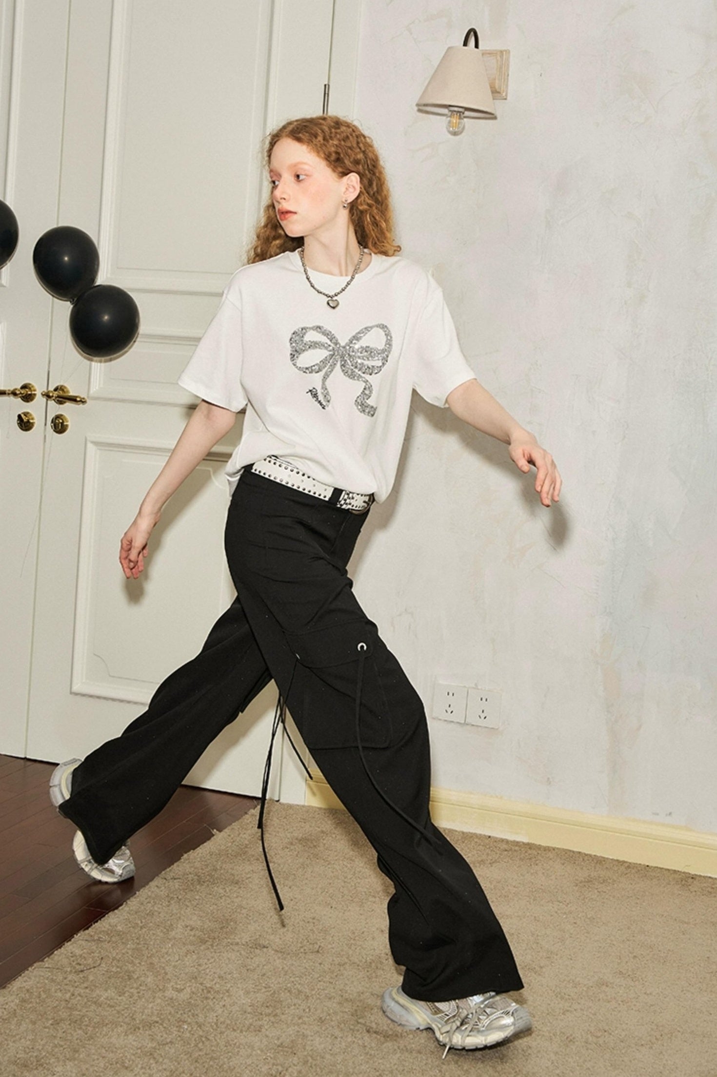 DIDDI MODA Sparkle Silver Utility Cargo Pants With Draped Ribbon