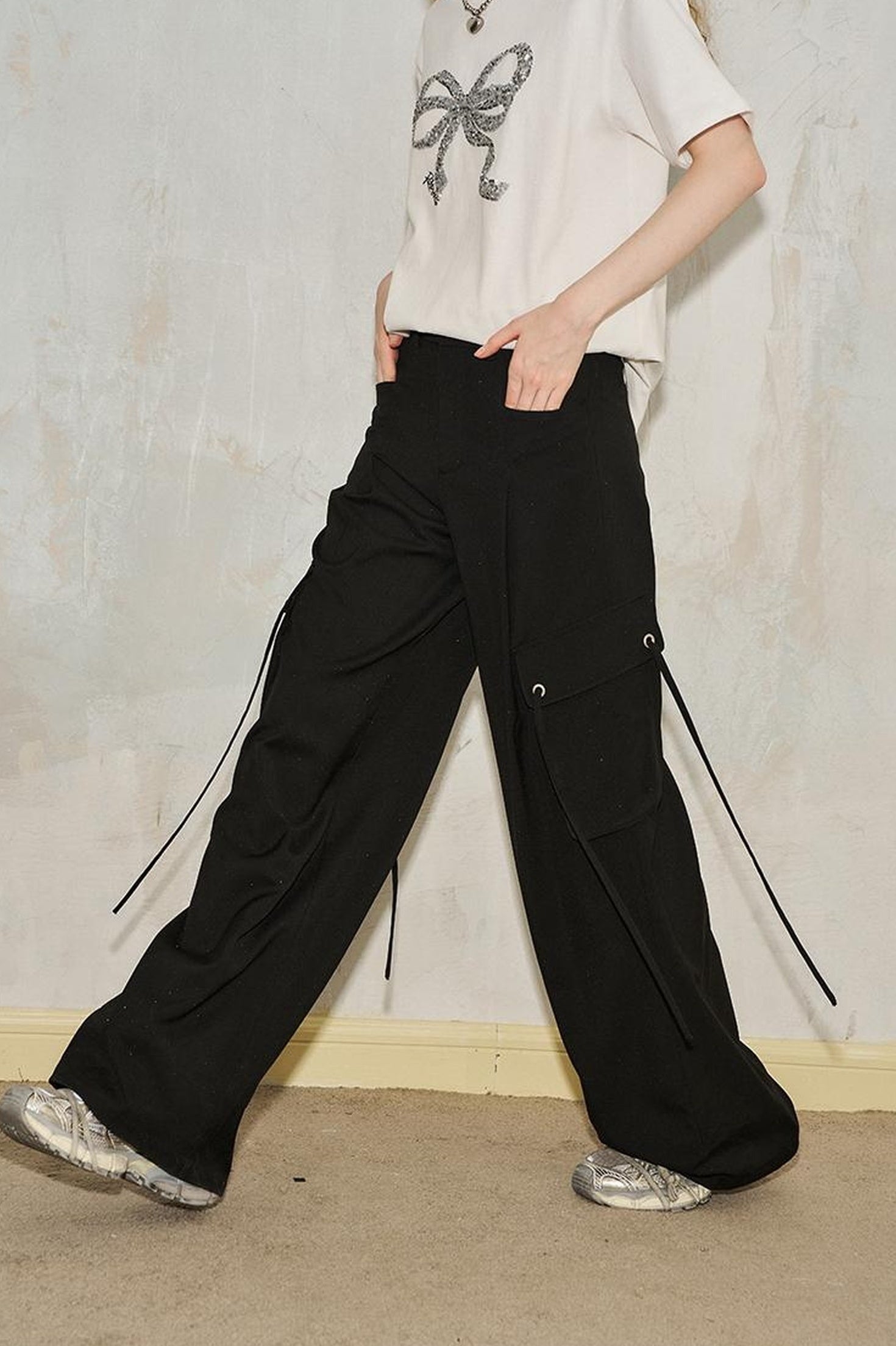 DIDDI MODA Sparkle Silver Utility Cargo Pants With Draped Ribbon