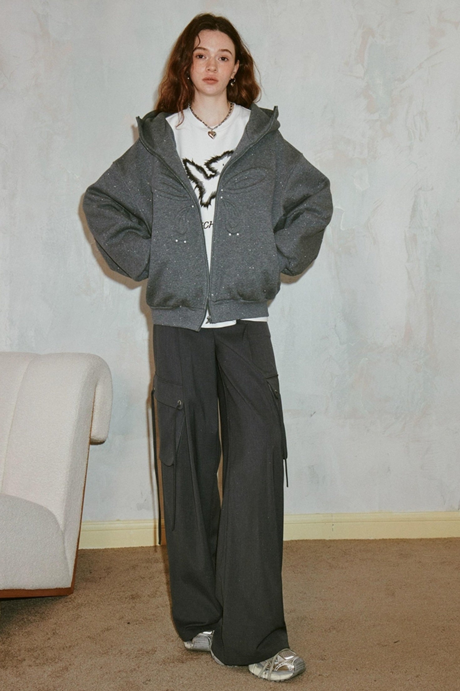 DIDDI MODA Sparkle Silver Utility Cargo Pants With Draped Ribbon