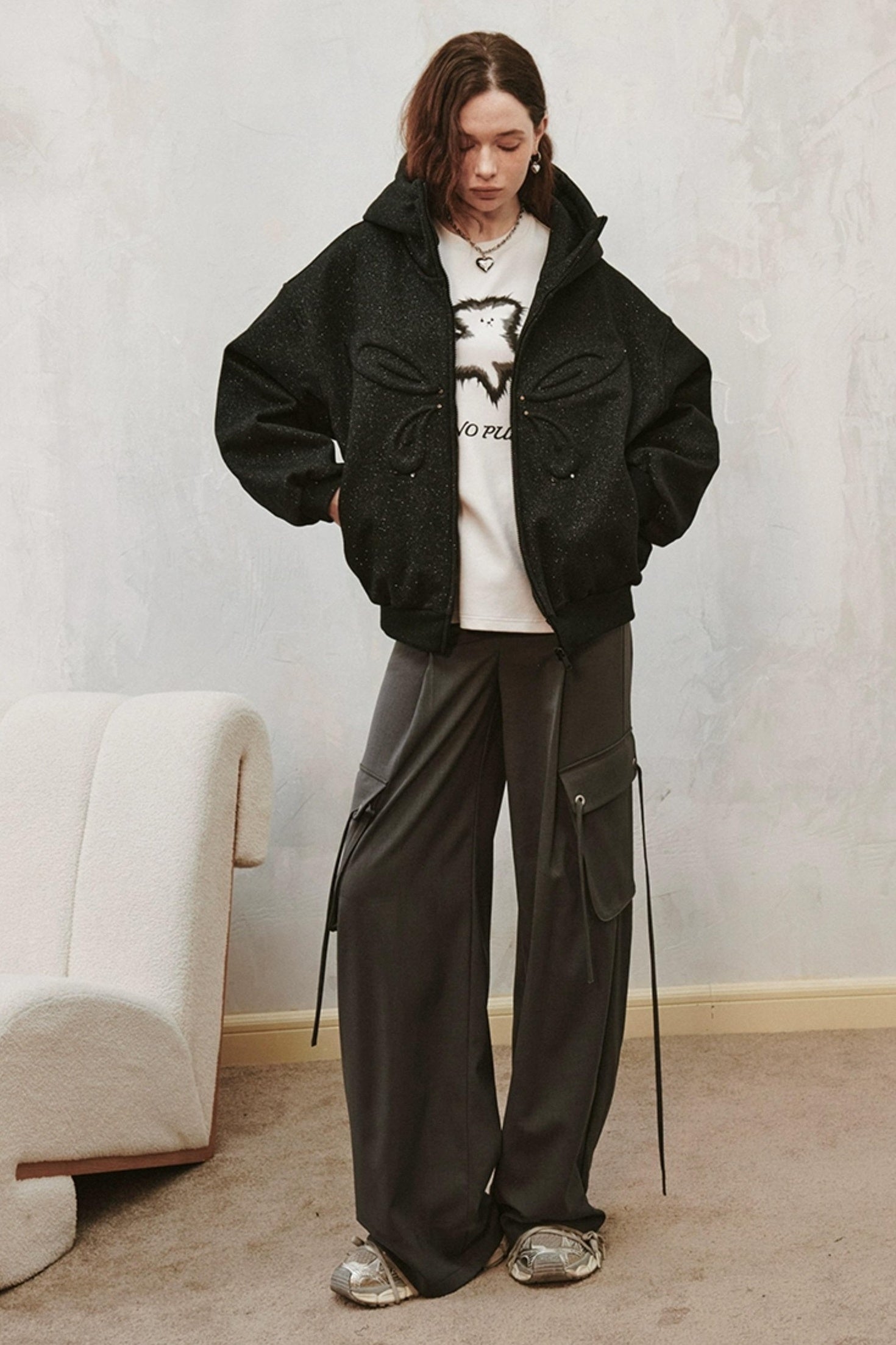 DIDDI MODA Sparkle Silver Utility Cargo Pants With Draped Ribbon