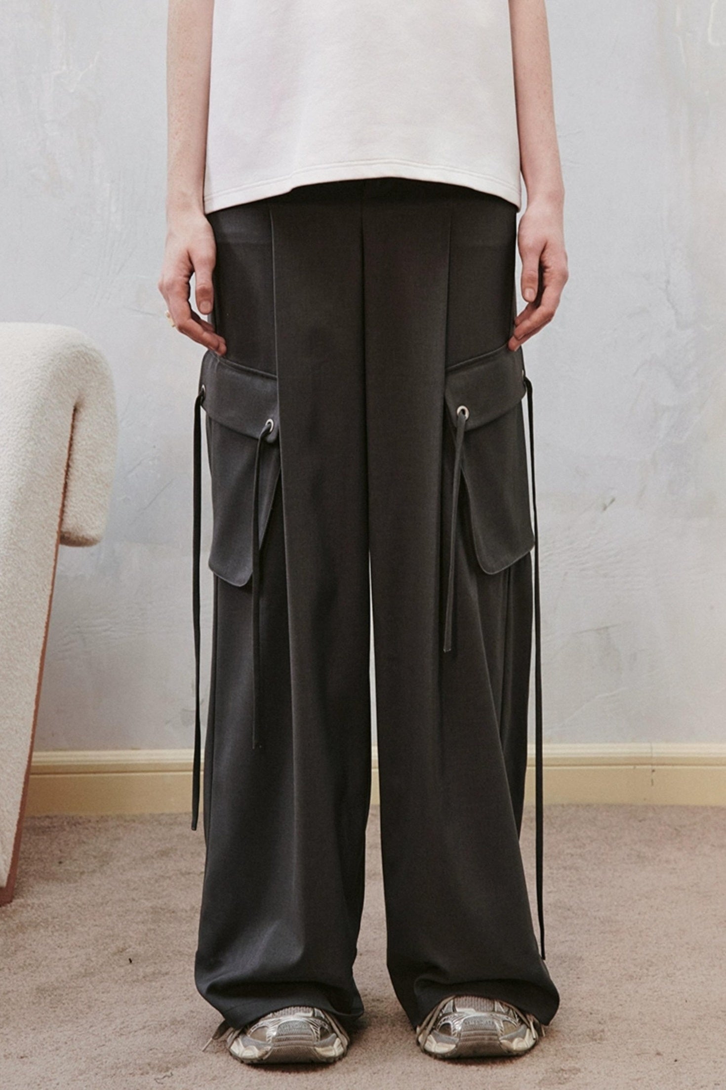 DIDDI MODA Sparkle Silver Utility Cargo Pants With Draped Ribbon