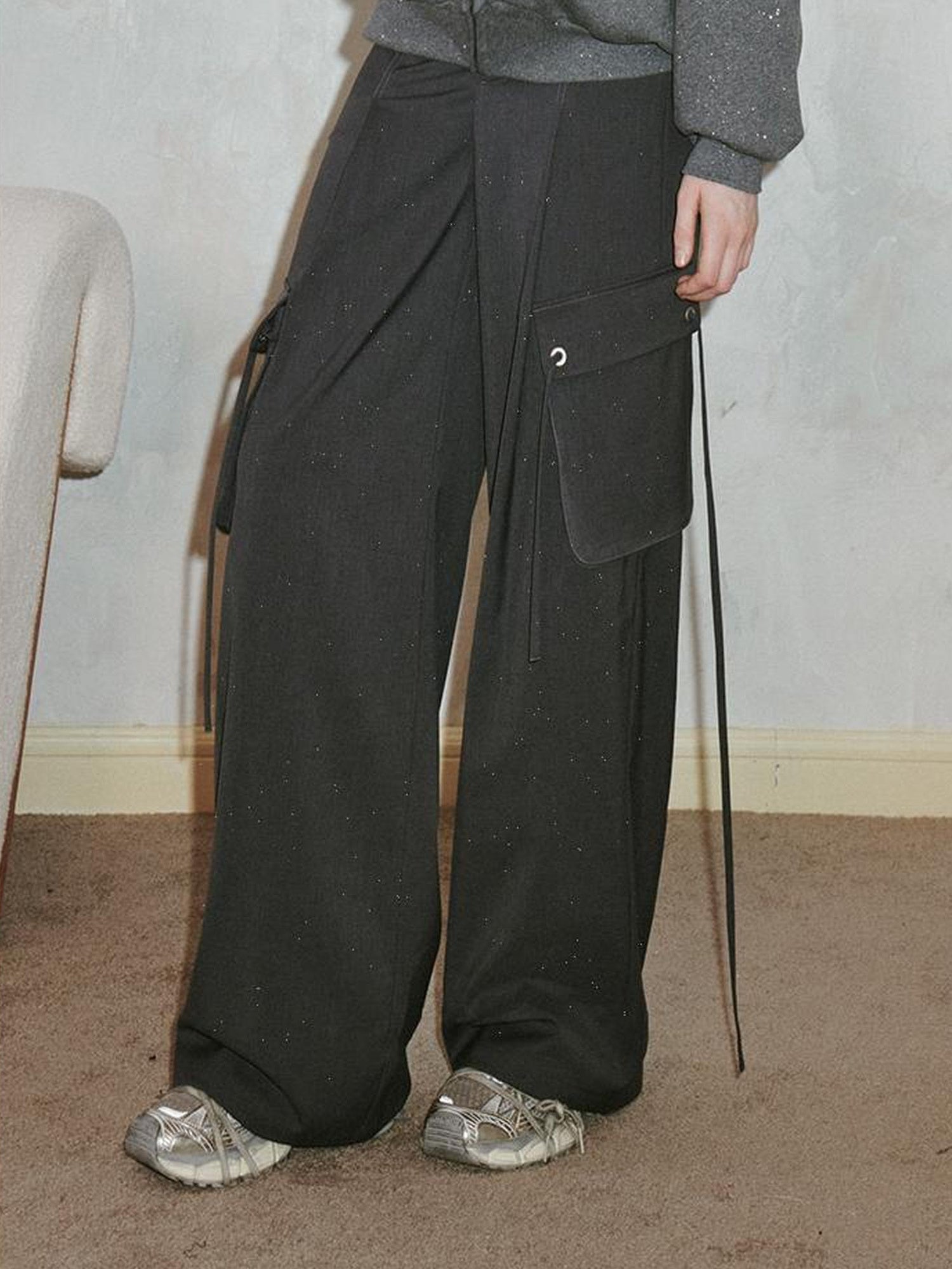 DIDDI MODA Sparkle Silver Utility Cargo Pants With Draped Ribbon