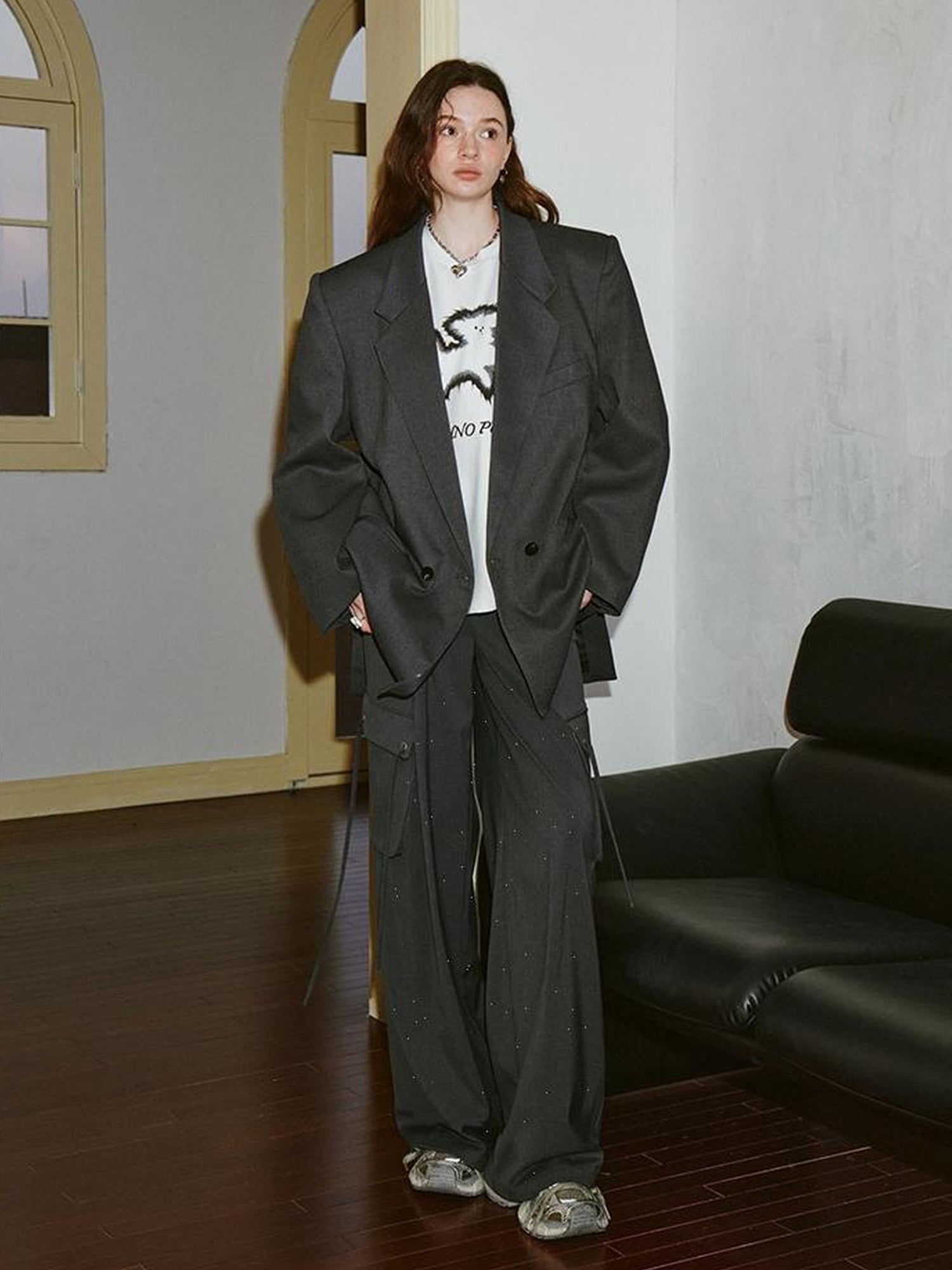 DIDDI MODA Sparkle Silver Utility Cargo Pants With Draped Ribbon