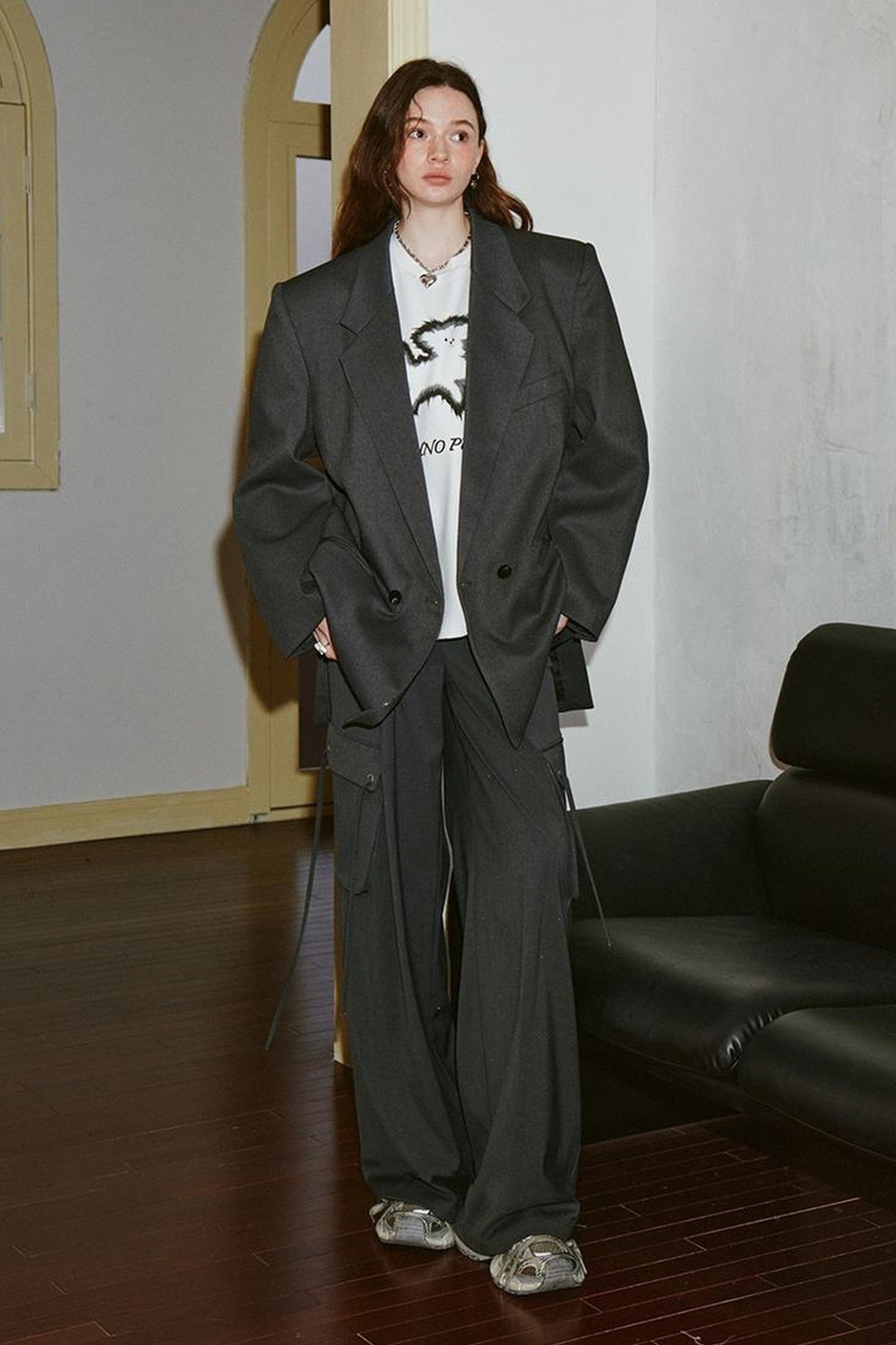 DIDDI MODA Sparkle Silver Utility Cargo Pants With Draped Ribbon