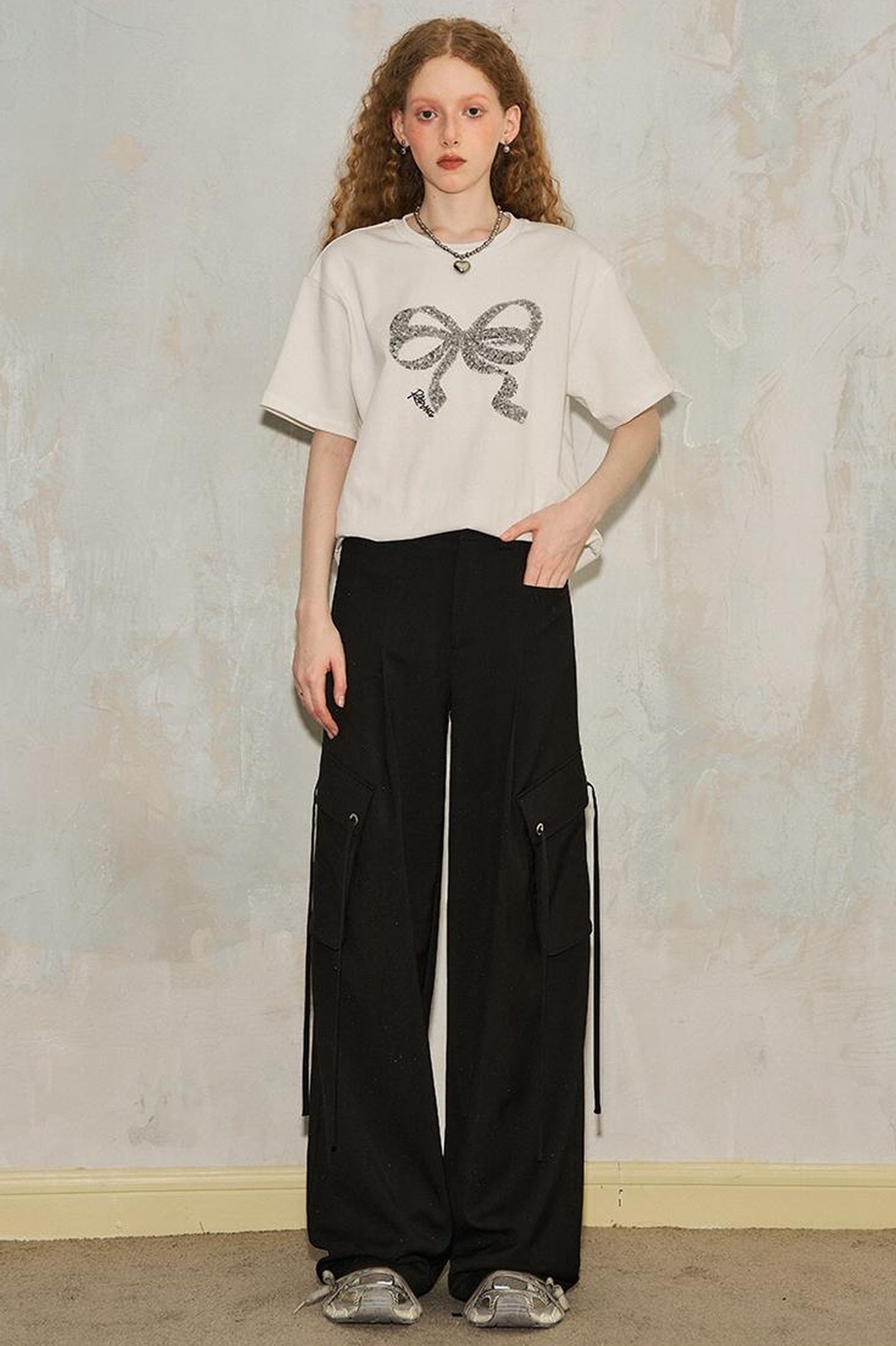 DIDDI MODA Sparkle Silver Utility Cargo Pants With Draped Ribbon