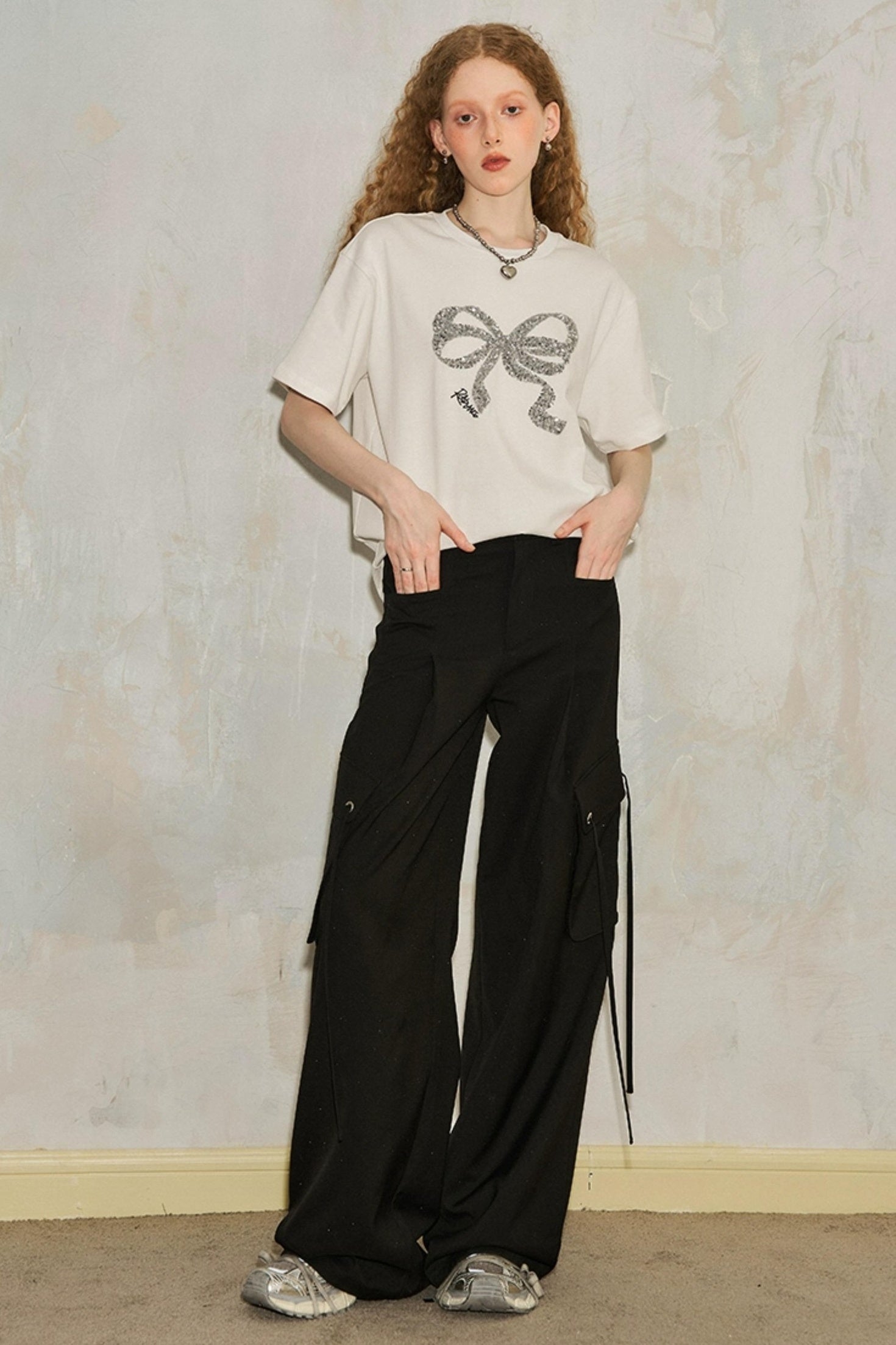 DIDDI MODA Sparkle Silver Utility Cargo Pants With Draped Ribbon