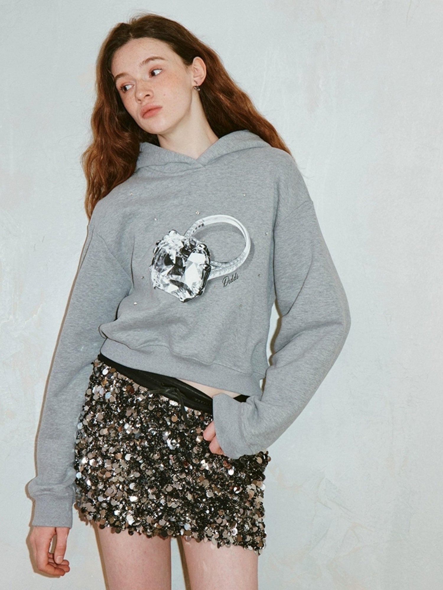 DIDDI MODA Sparkling Diamond Print Cropped Hoodie