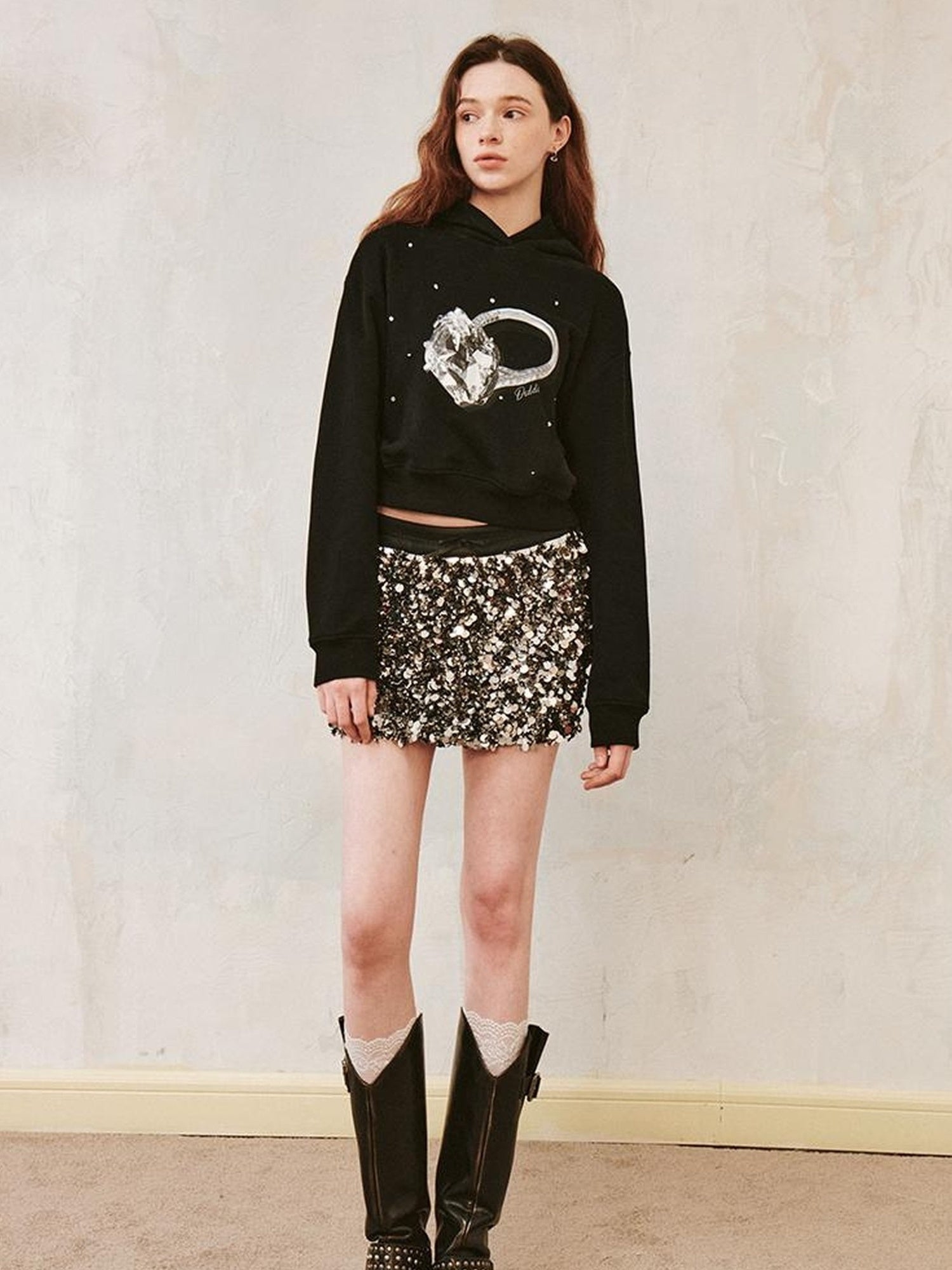 DIDDI MODA Sparkling Diamond Print Cropped Hoodie