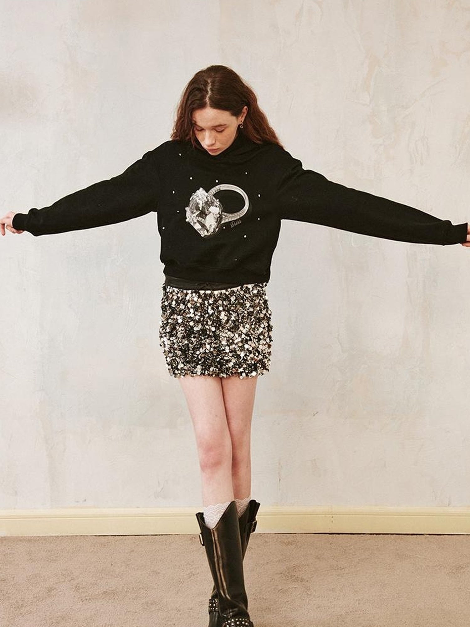 DIDDI MODA Sparkling Diamond Print Cropped Hoodie
