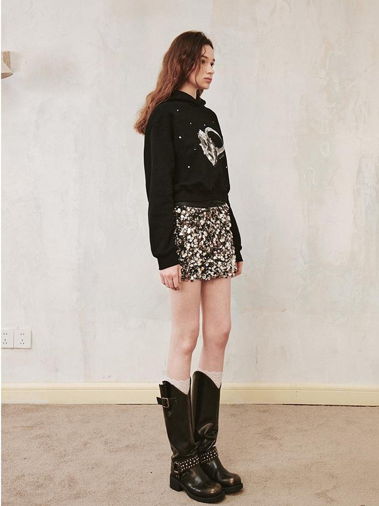 DIDDI MODA Sparkling Diamond Print Cropped Hoodie