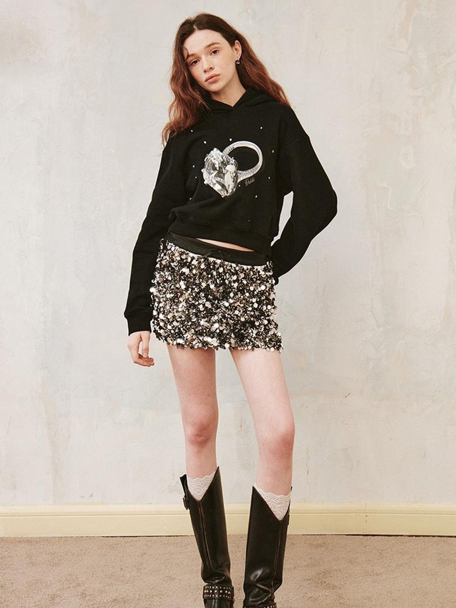 DIDDI MODA Sparkling Diamond Print Cropped Hoodie