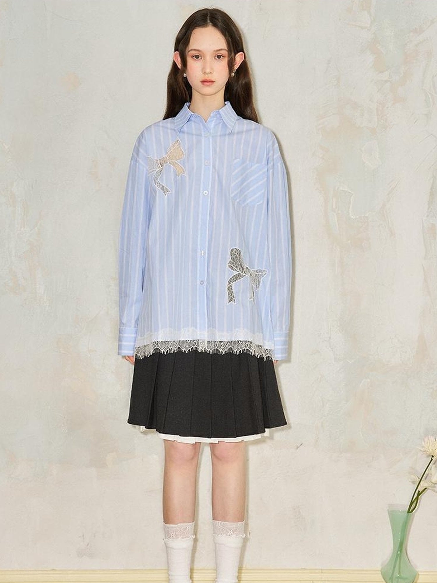 DIDDI MODA Sparkling Disco Embroidered Sweatshirt Asymmetrical Bow Shirt Set