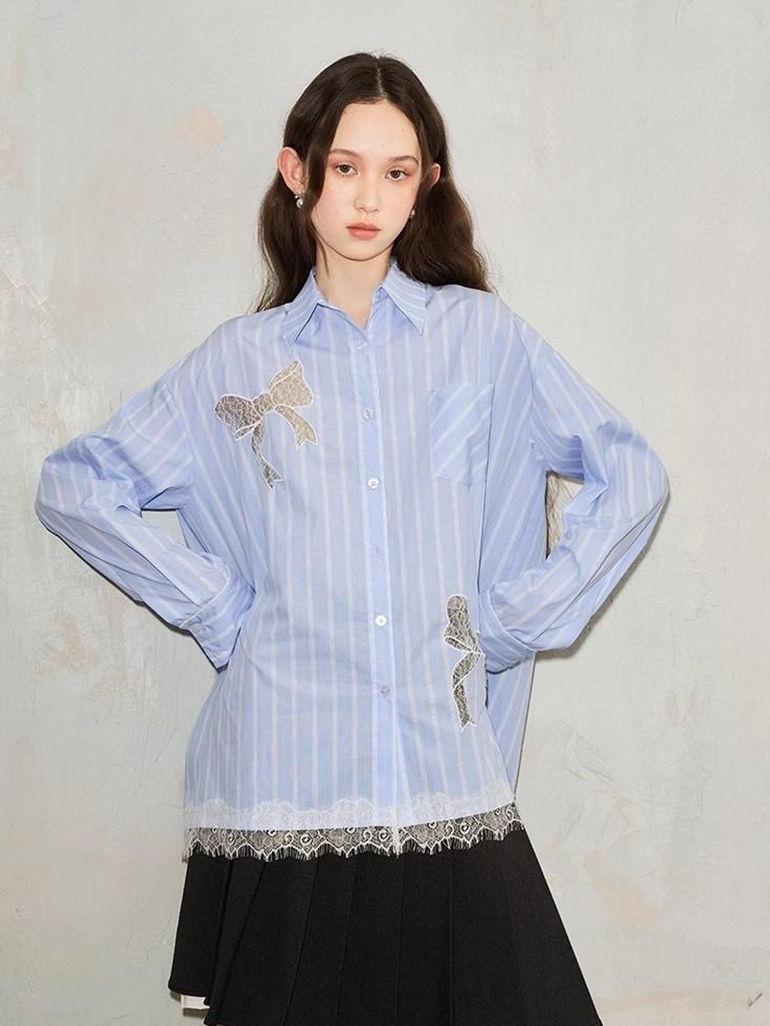 DIDDI MODA Sparkling Disco Embroidered Sweatshirt Asymmetrical Bow Shirt Set