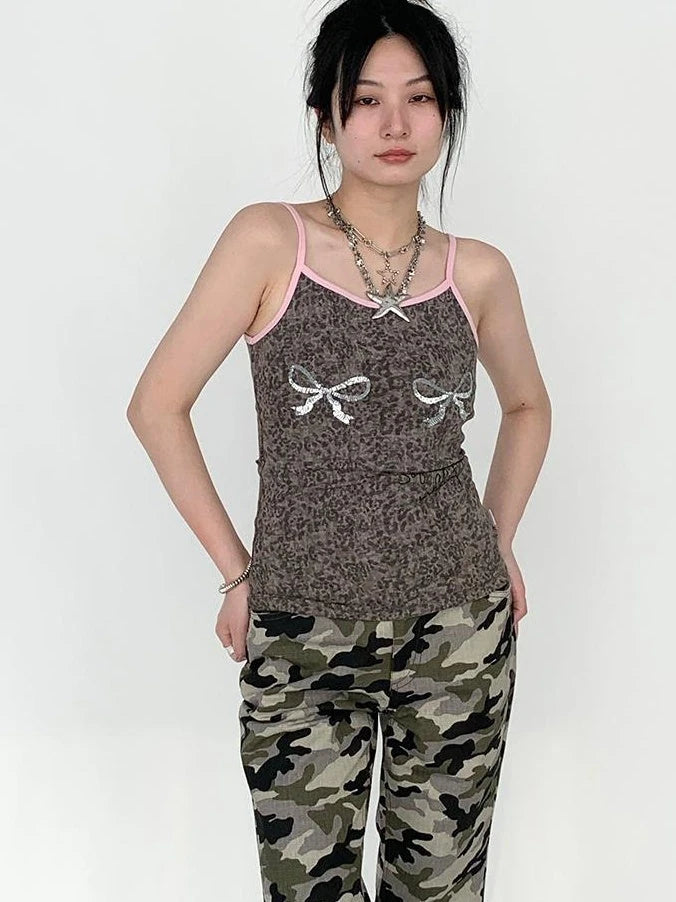 Sparkly Leopard Bow Tie-Dye Summer Camisole Top