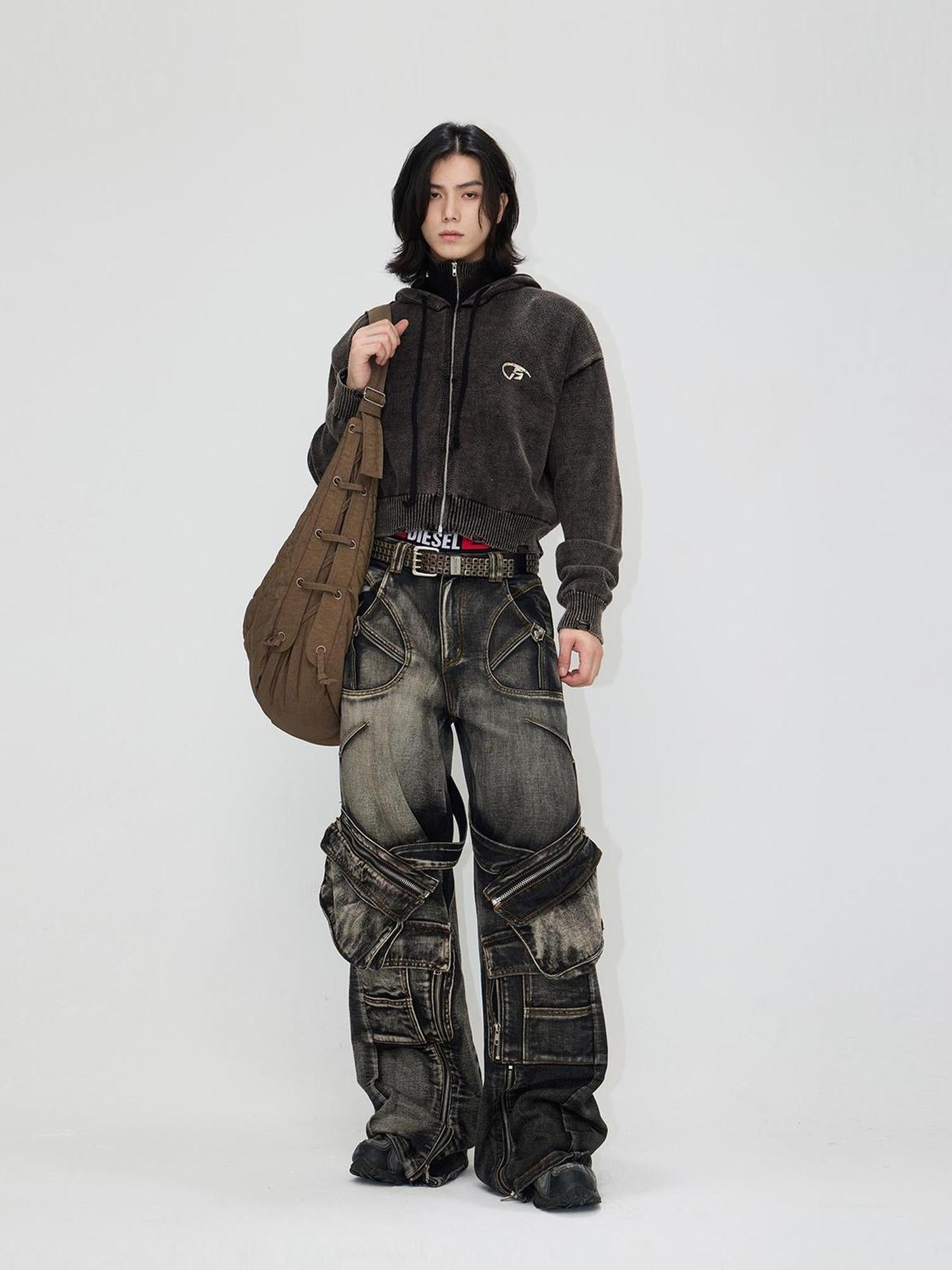 Peoplesense Spiked Straight Leg Black Grey Zip Detachable Pocket Jeans
