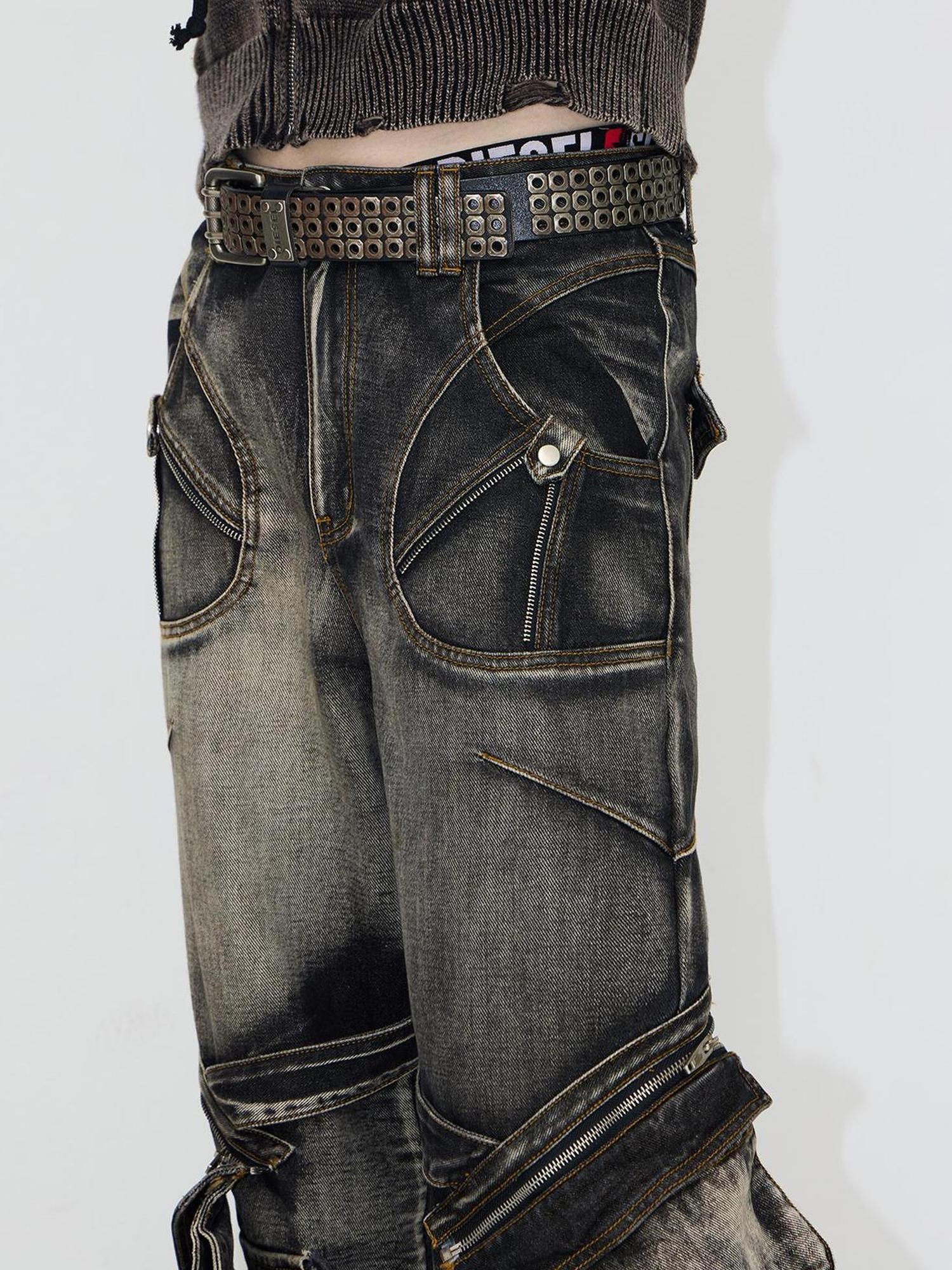 Peoplesense Spiked Straight Leg Black Grey Zip Detachable Pocket Jeans