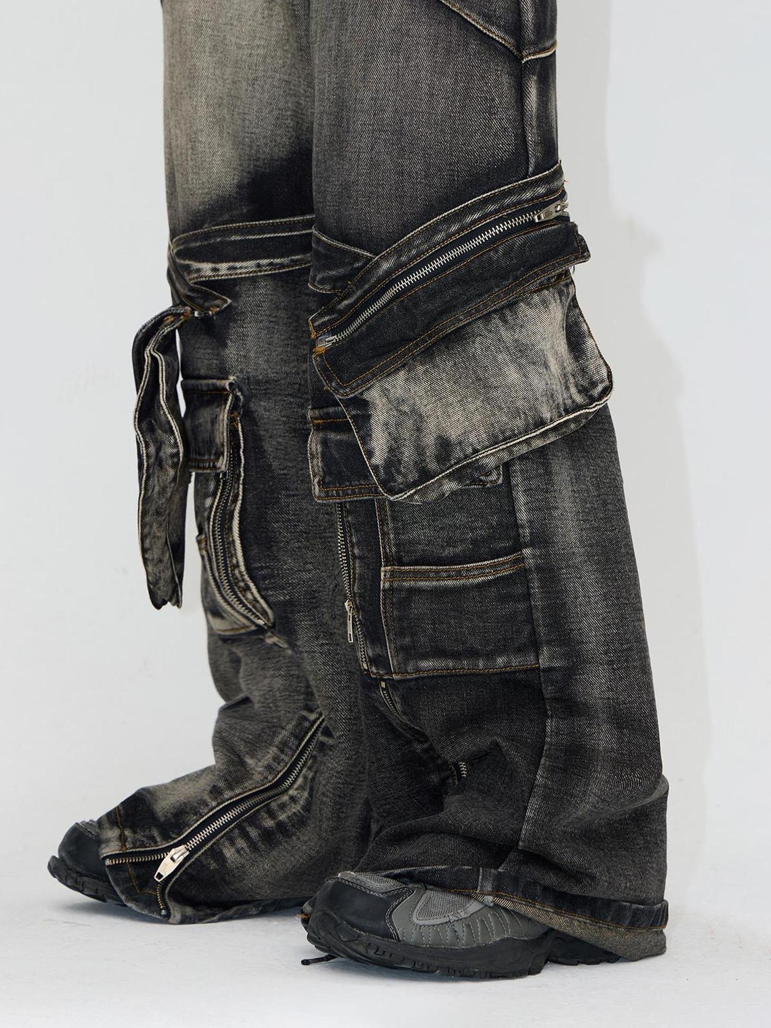 Peoplesense Spiked Straight Leg Black Grey Zip Detachable Pocket Jeans