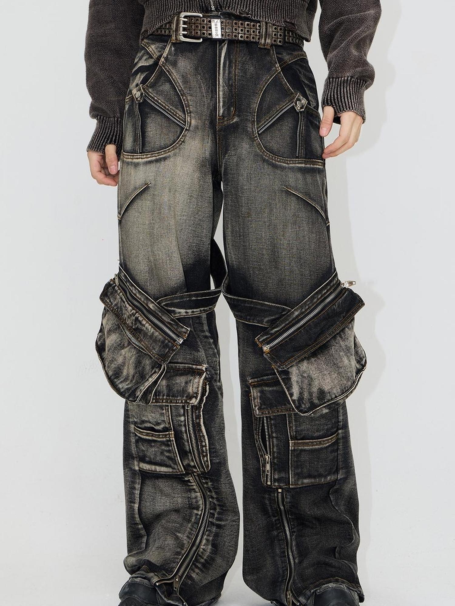 Peoplesense Spiked Straight Leg Black Grey Zip Detachable Pocket Jeans
