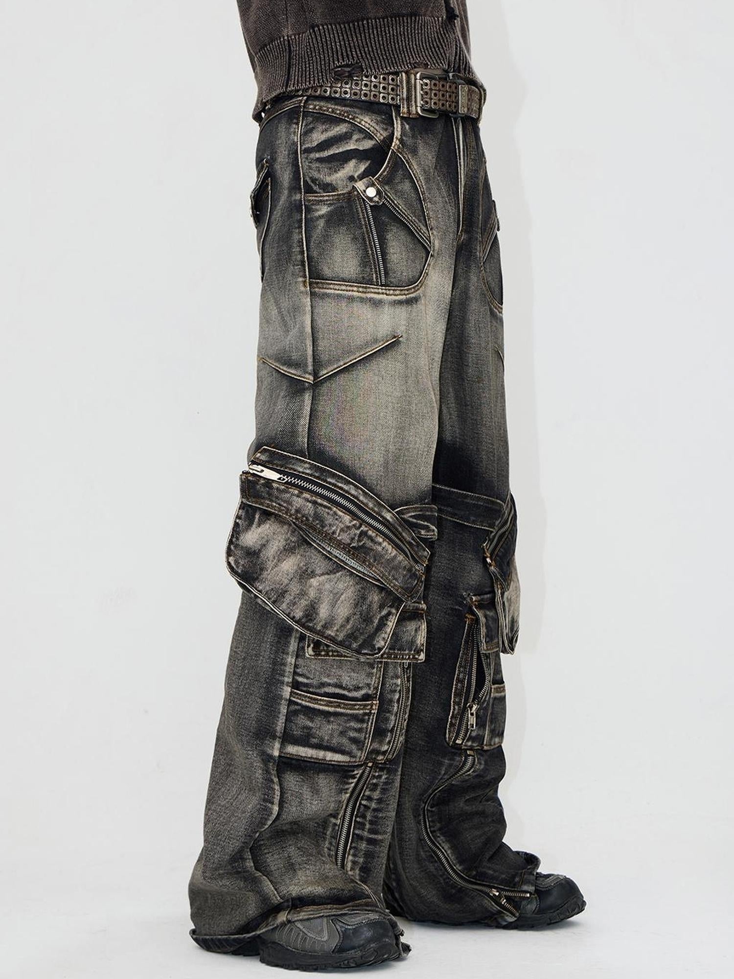 Peoplesense Spiked Straight Leg Black Grey Zip Detachable Pocket Jeans