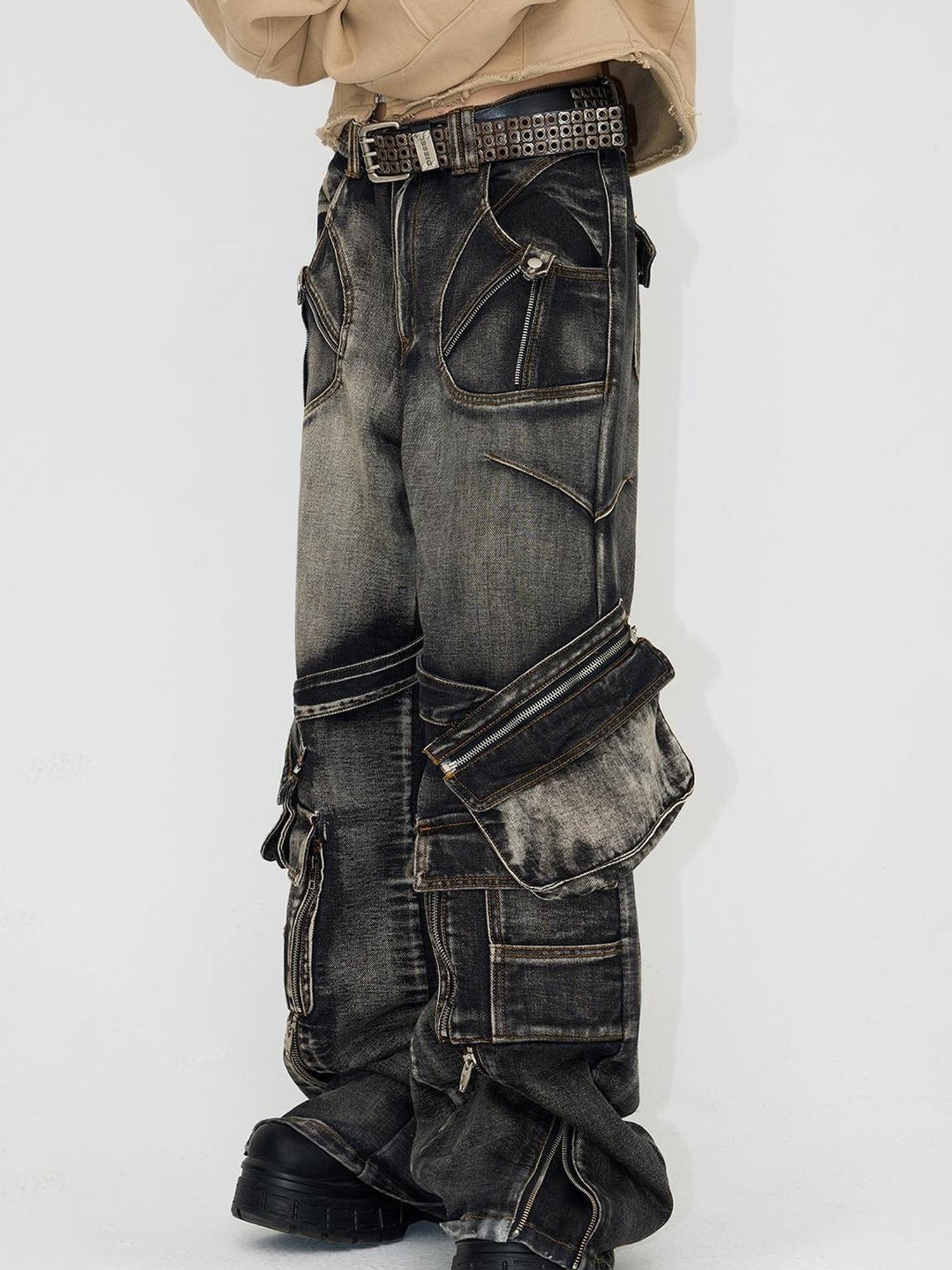 Peoplesense Spiked Straight Leg Black Grey Zip Detachable Pocket Jeans