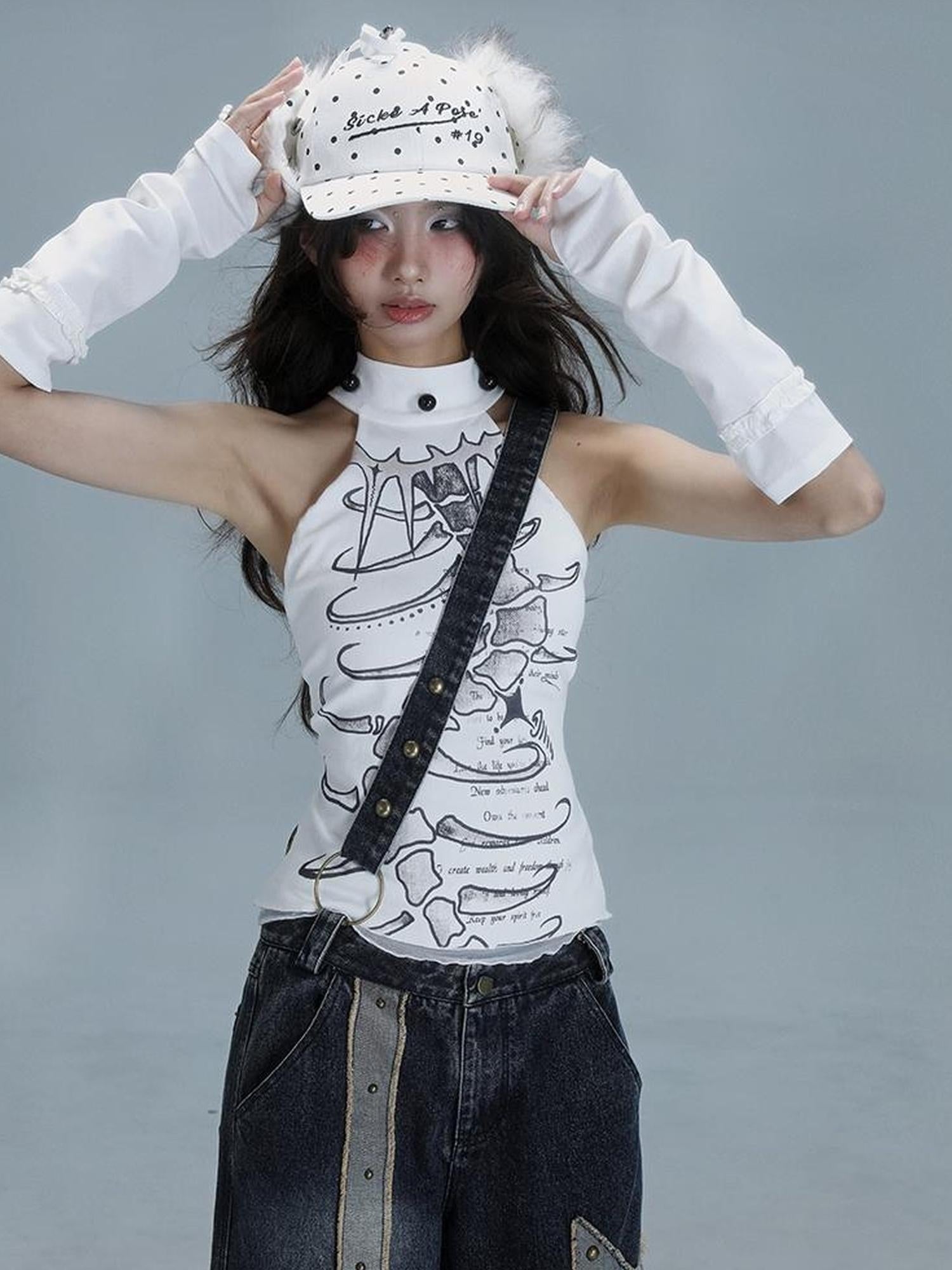 WSW WUSHENWU Spine Print Halter Neck Crop Top