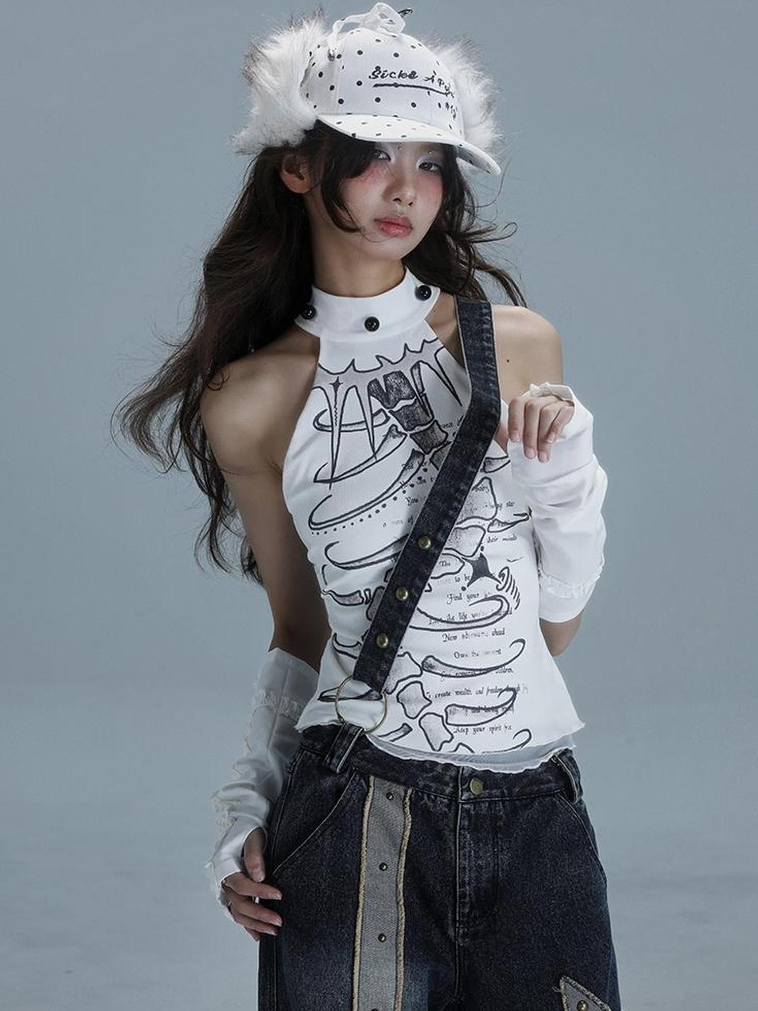 WSW WUSHENWU Spine Print Halter Neck Crop Top