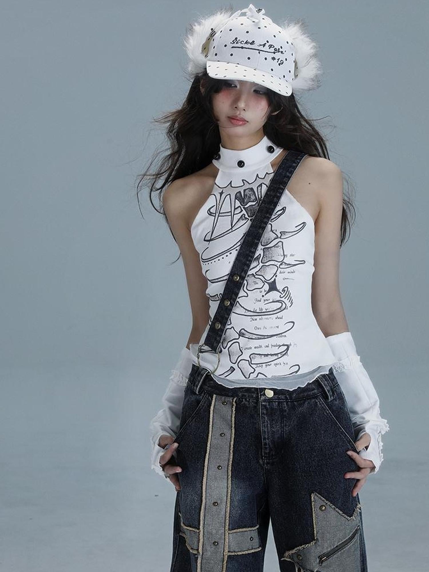 WSW WUSHENWU Spine Print Halter Neck Crop Top