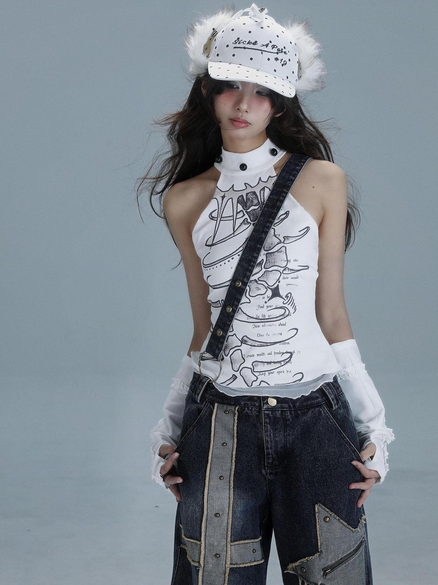 WSW WUSHENWU Spine Print Halter Neck Crop Top