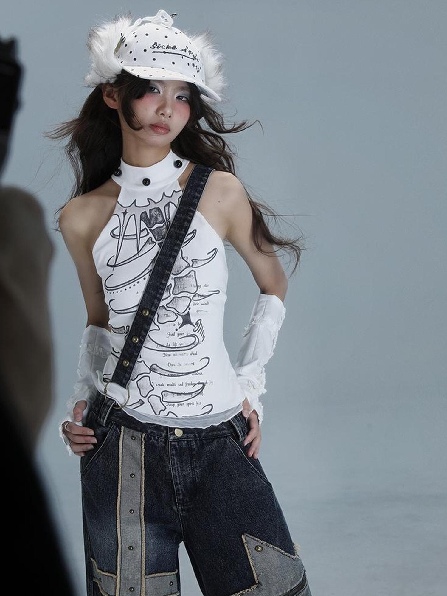 WSW WUSHENWU Spine Print Halter Neck Crop Top