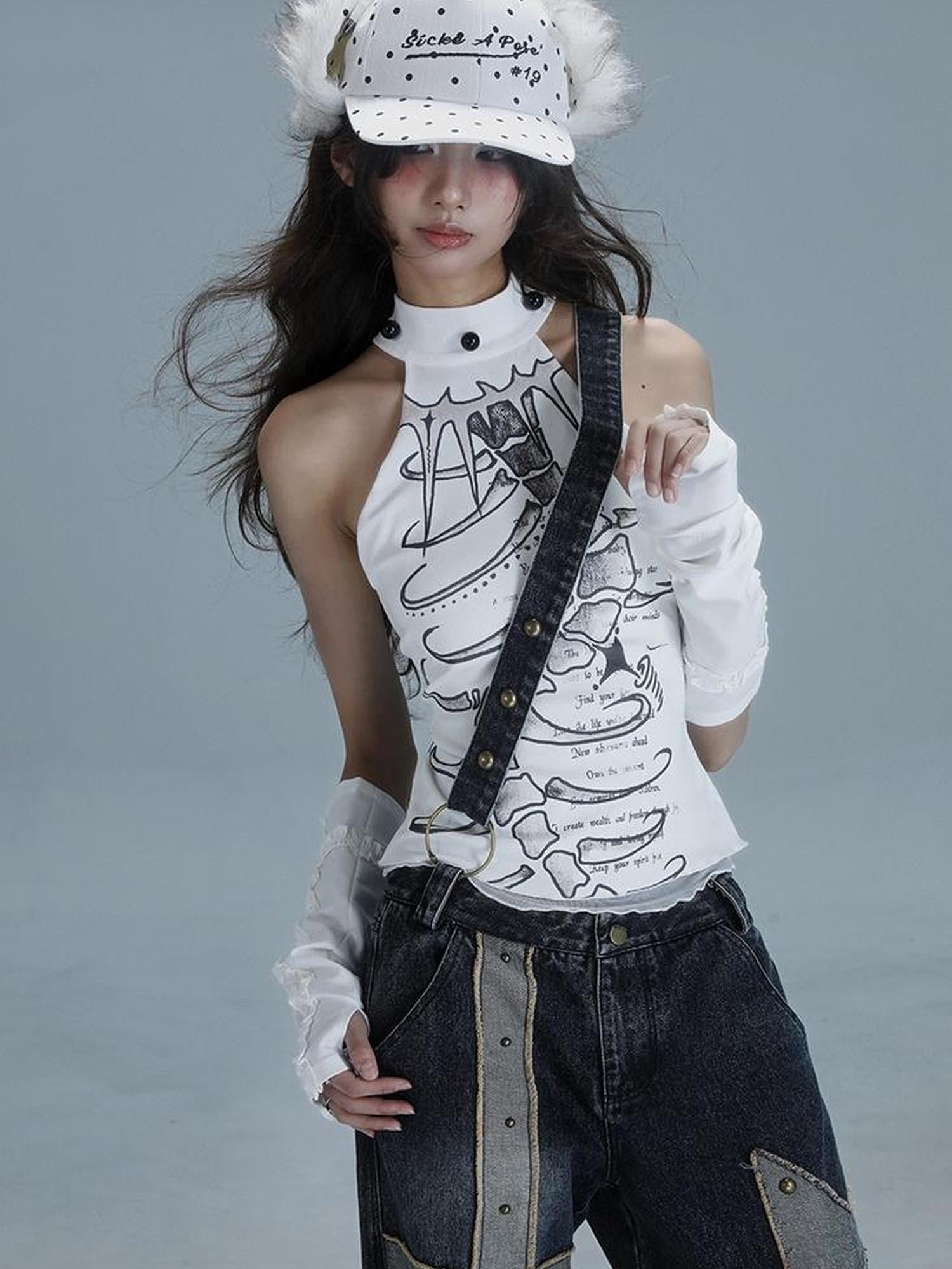 WSW WUSHENWU Spine Print Halter Neck Crop Top