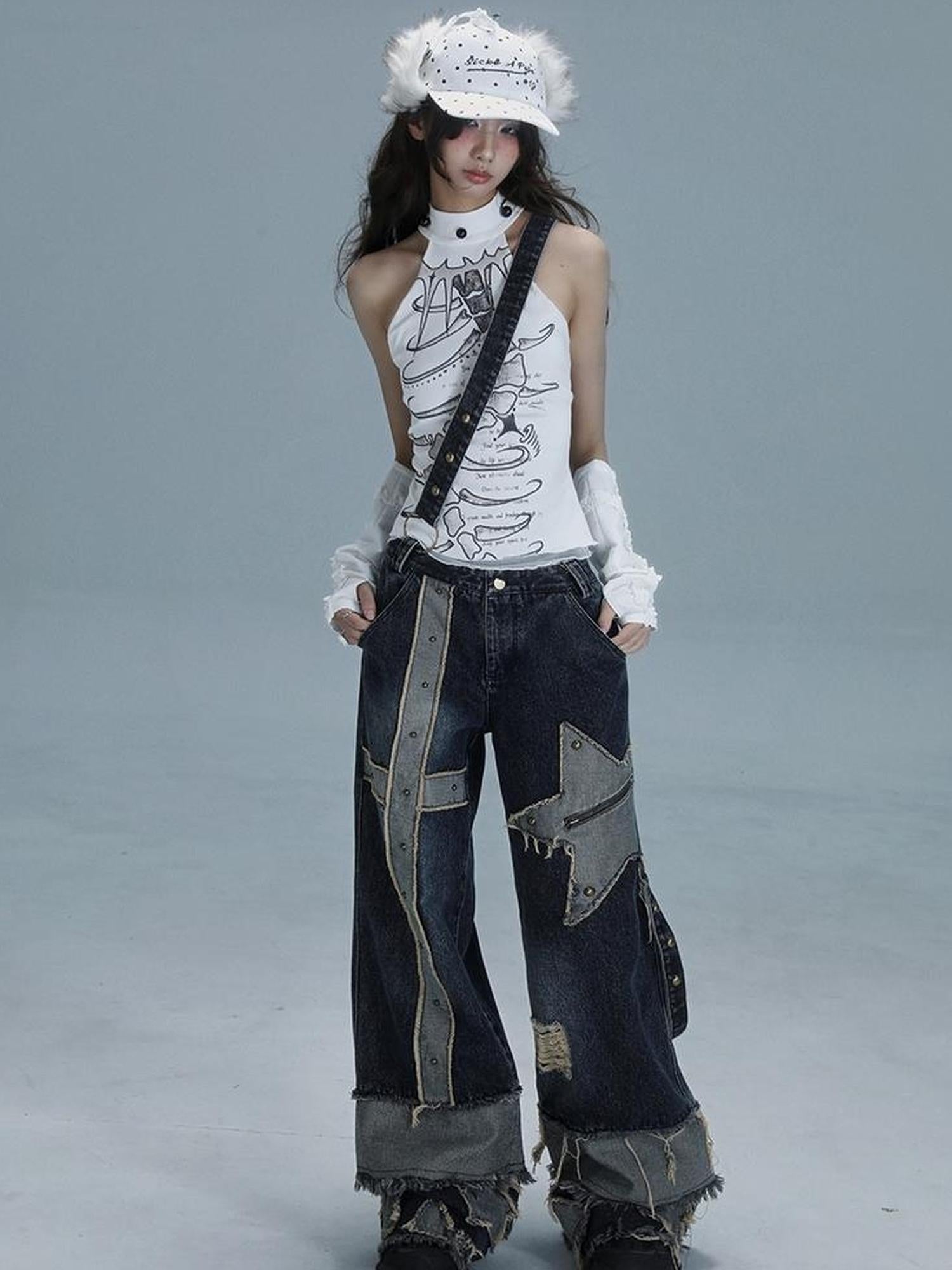 WSW WUSHENWU Spine Print Halter Neck Crop Top