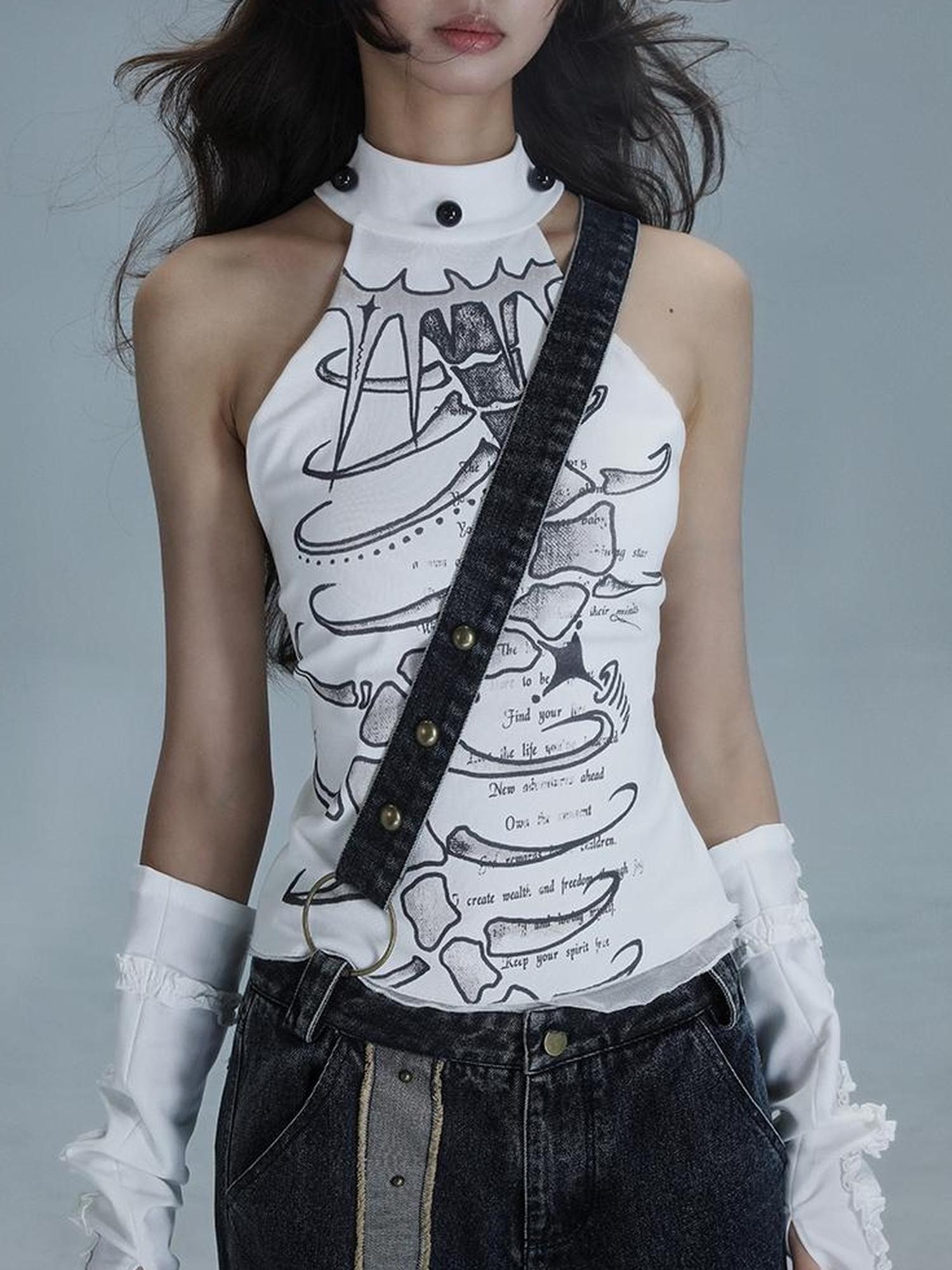 WSW WUSHENWU Spine Print Halter Neck Crop Top