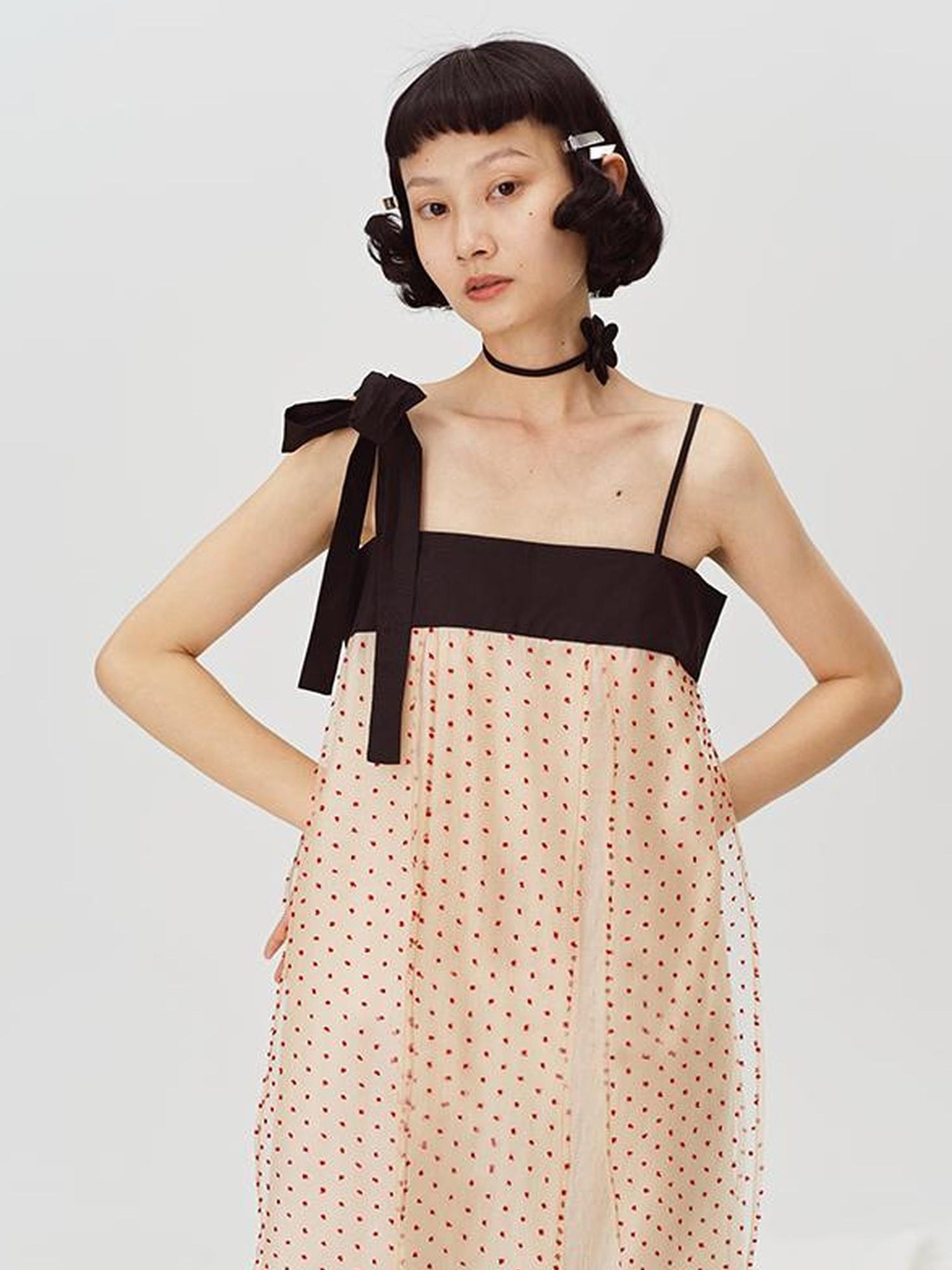 DIDDI MODA Split Front Bow Tie Contrast Sleeveless Midi Dress