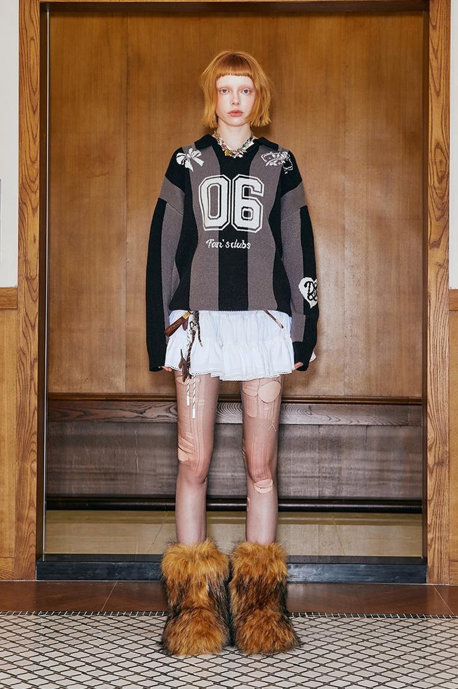 DIDDI MODA Sporty Bow Knot Jacquard Polo Sweater