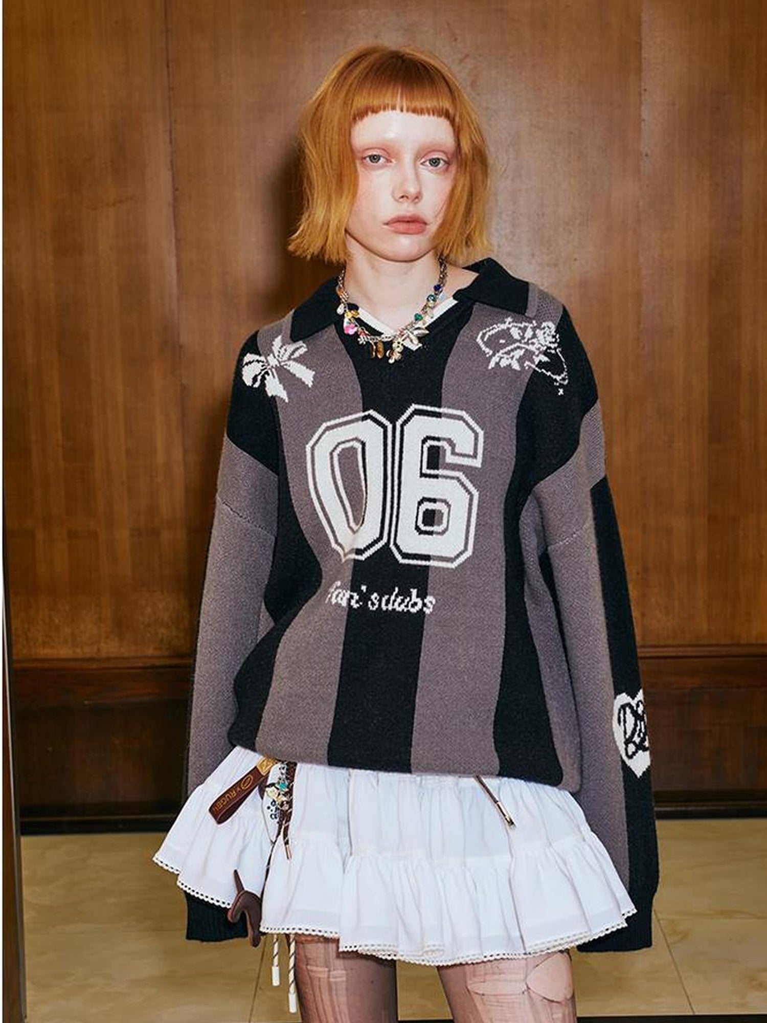 DIDDI MODA Sporty Bow Knot Jacquard Polo Sweater