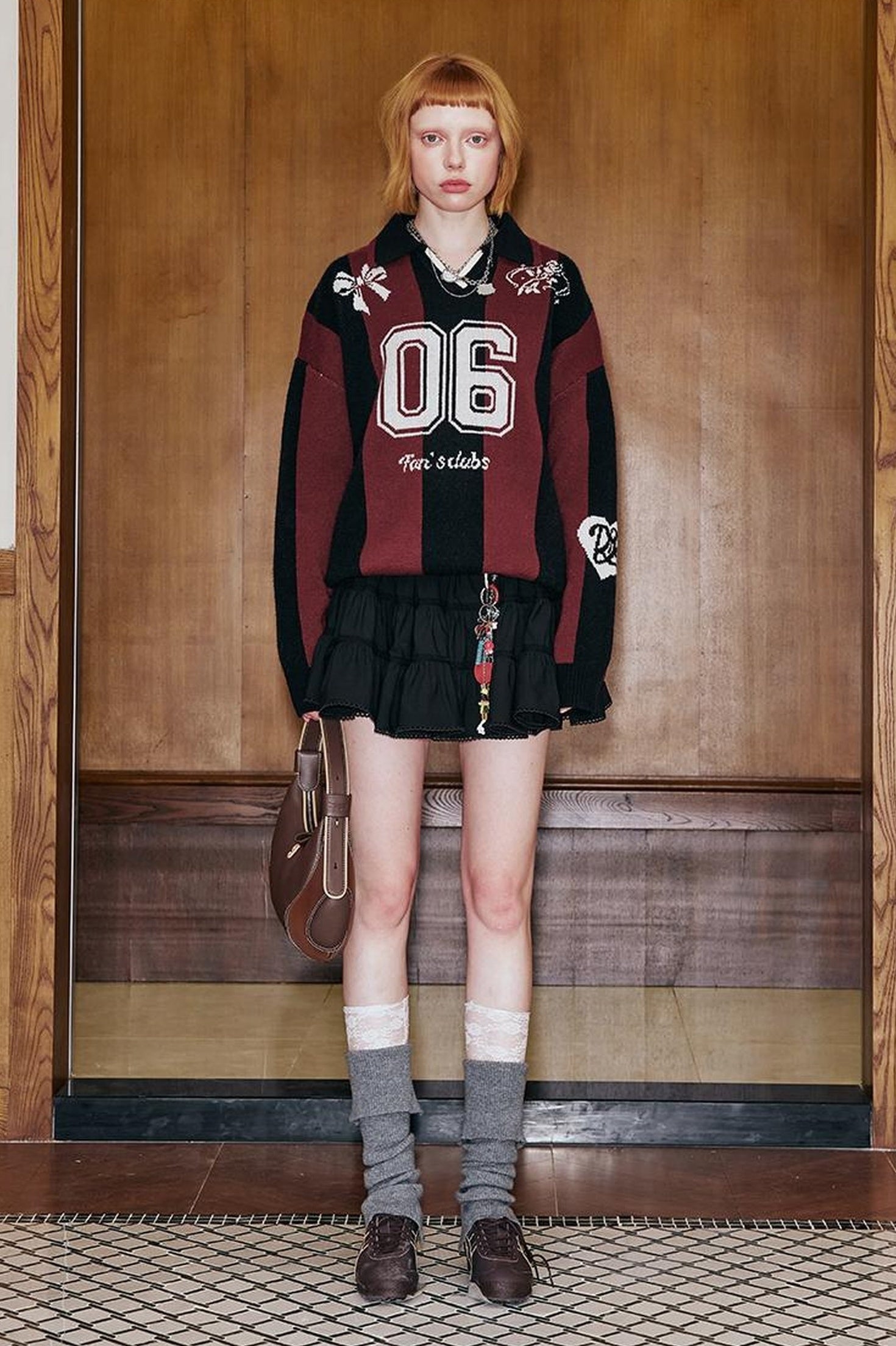 DIDDI MODA Sporty Bow Knot Jacquard Polo Sweater