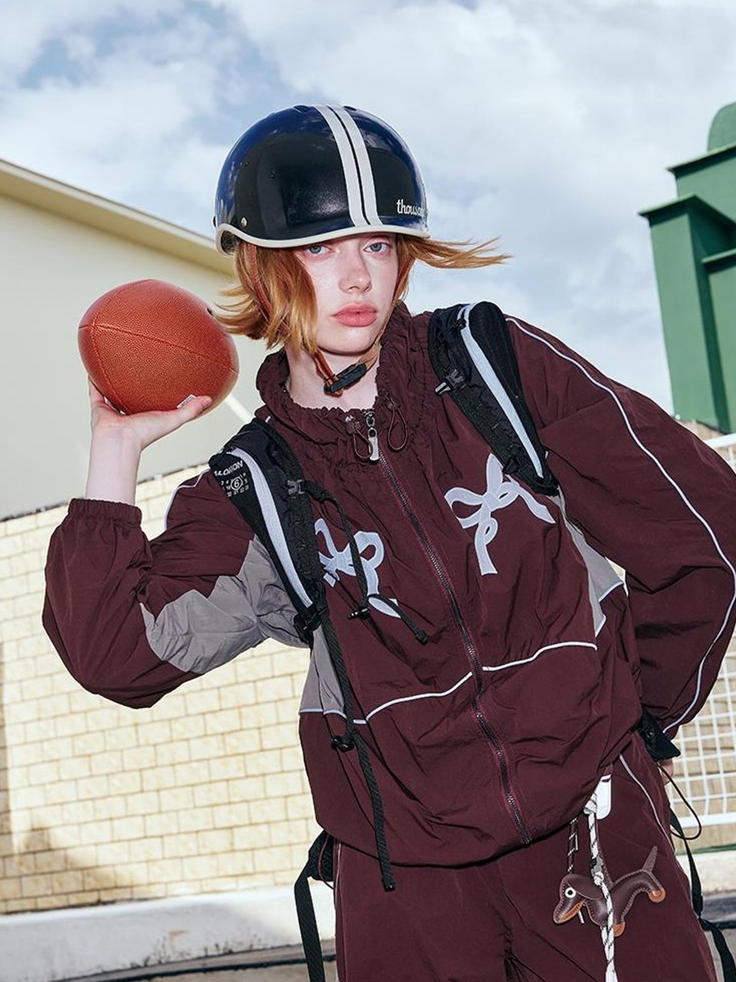 DIDDI MODA Sporty Bow Patch Colorblock Set Graphic Lace Trim Hoodie