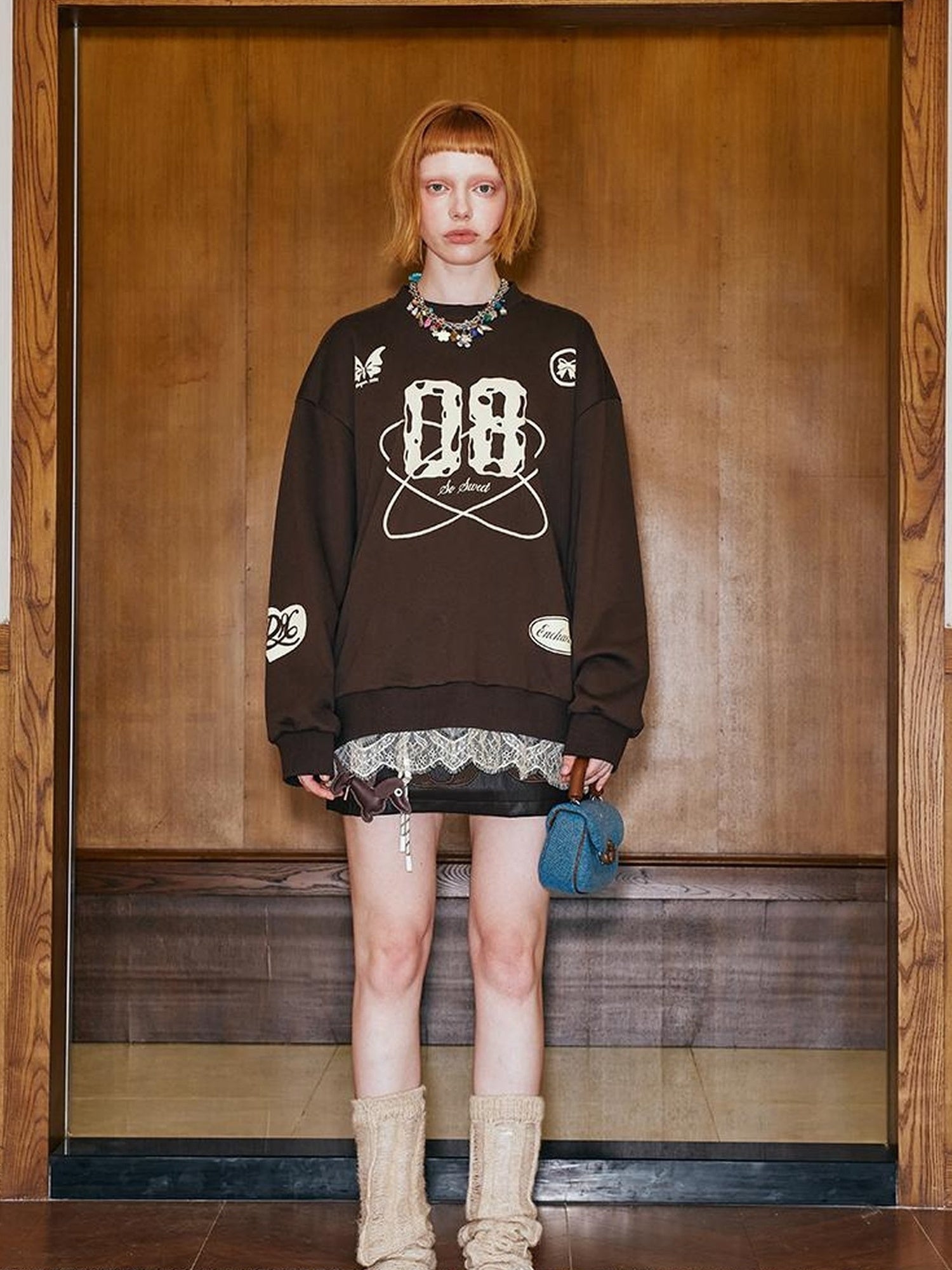 DIDDI MODA Sporty Bow Patch Colorblock Set Graphic Lace Trim Hoodie