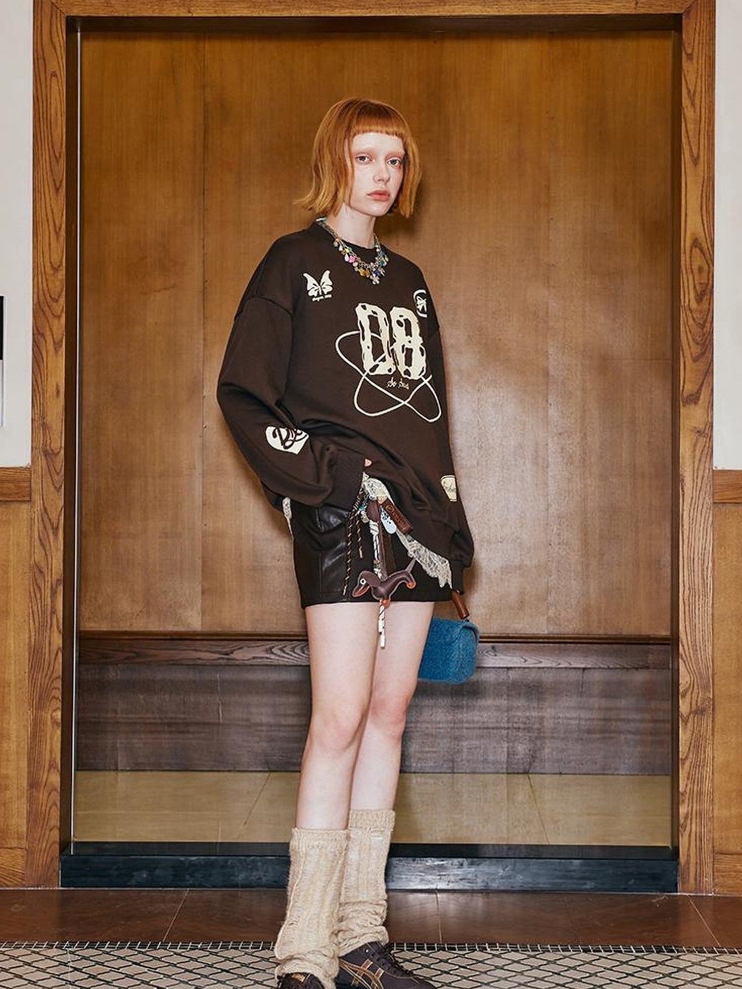 DIDDI MODA Sporty Bow Patch Colorblock Set Graphic Lace Trim Hoodie