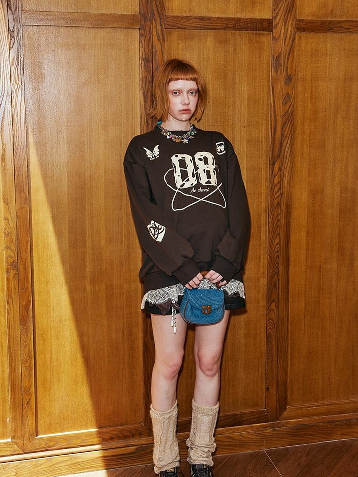 DIDDI MODA Sporty Bow Patch Colorblock Set Graphic Lace Trim Hoodie