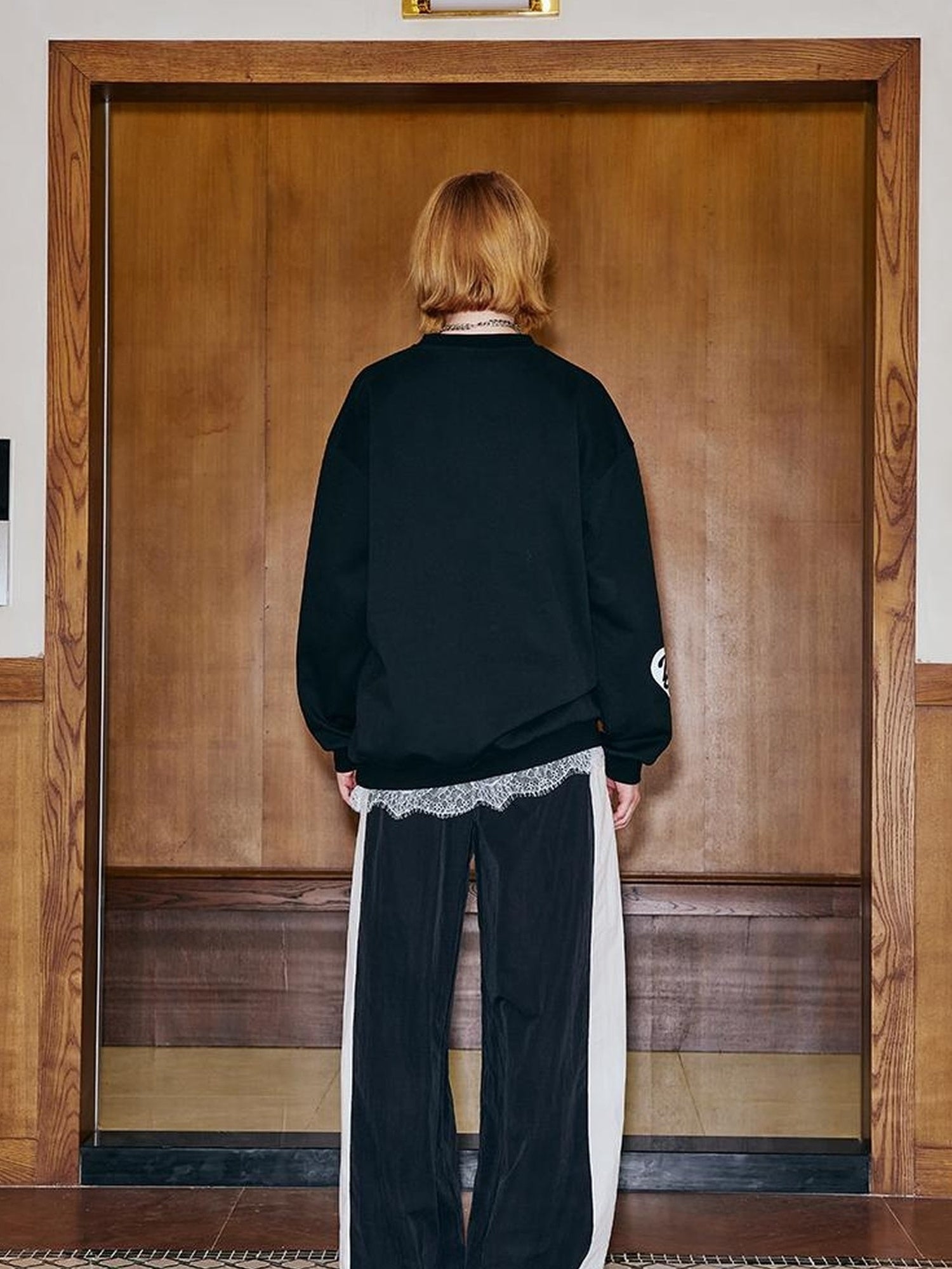 DIDDI MODA Sporty Bow Patch Colorblock Set Graphic Lace Trim Hoodie