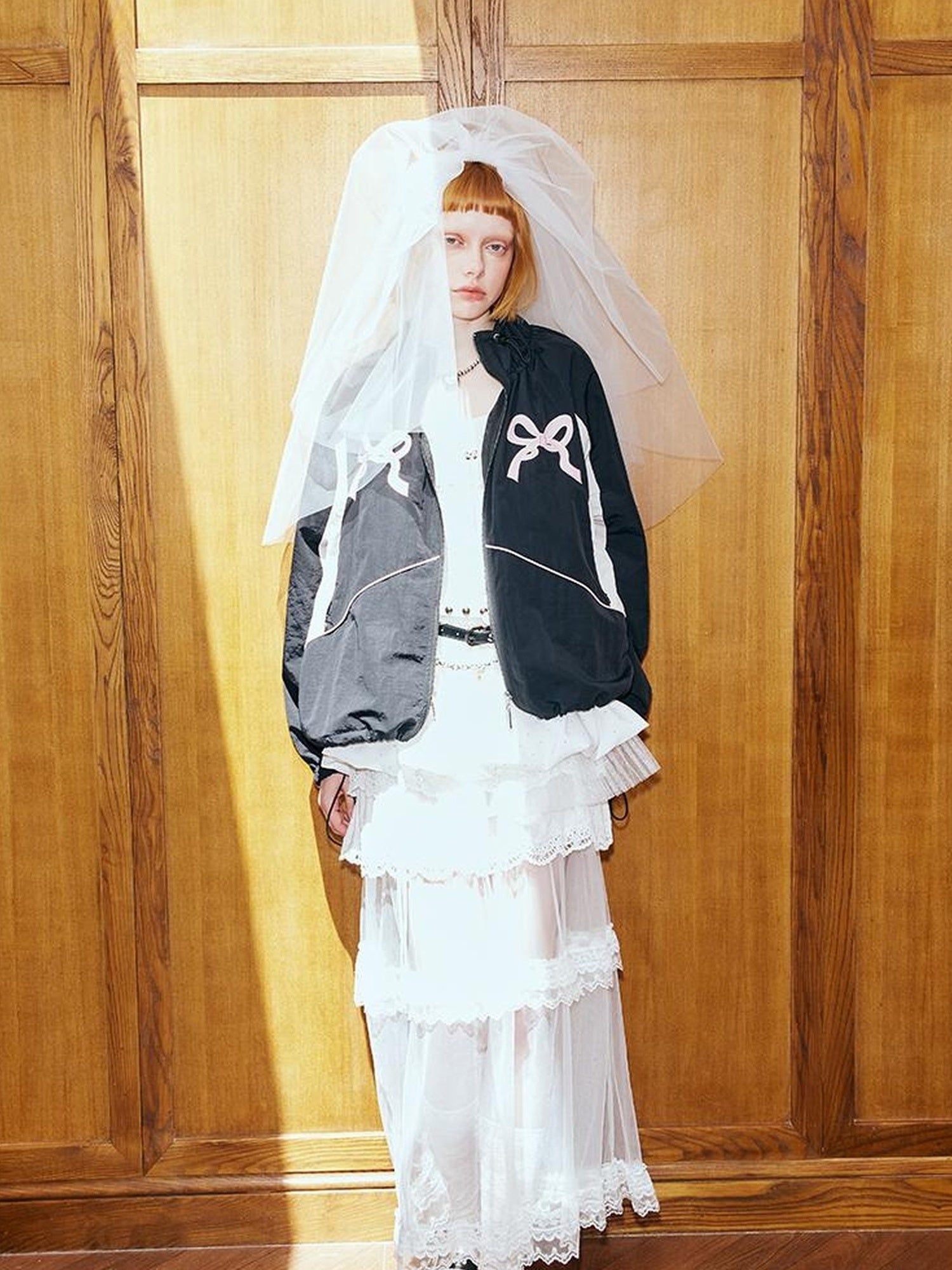 DIDDI MODA Sporty Bow Patch Colorblock Set Graphic Lace Trim Hoodie