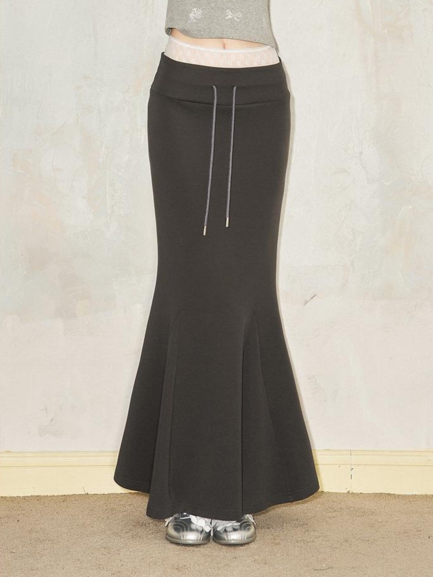 DIDDI MODA Sporty Lace Waist Flared Knit Skirt With Drawstring