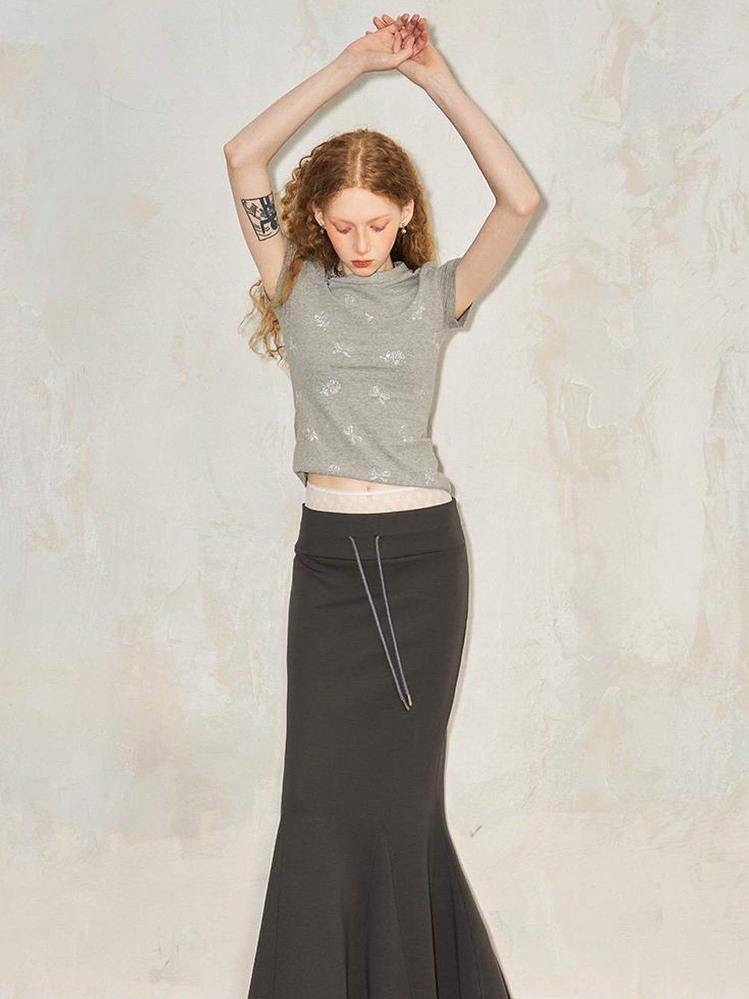 DIDDI MODA Sporty Lace Waist Flared Knit Skirt With Drawstring