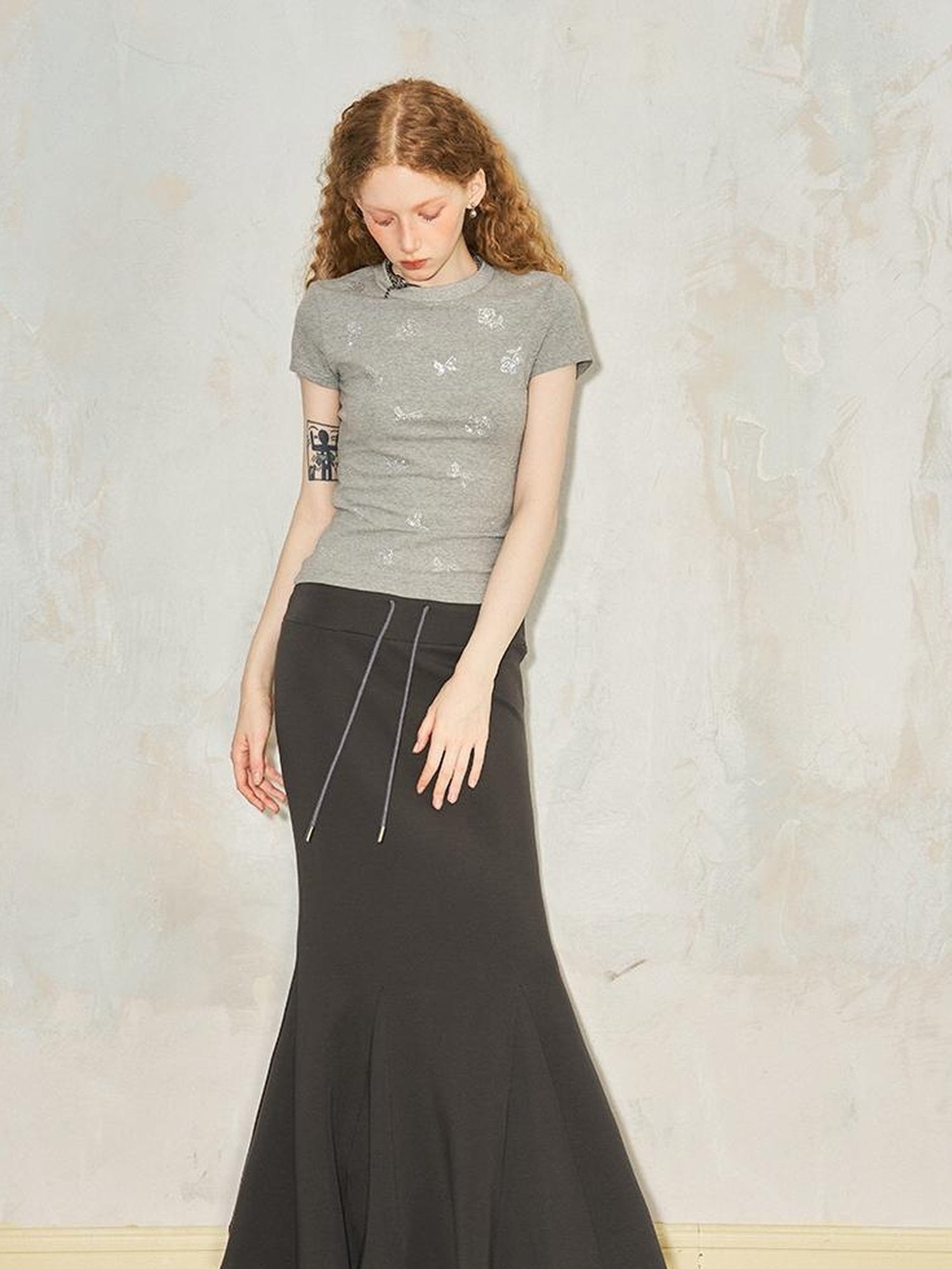 DIDDI MODA Sporty Lace Waist Flared Knit Skirt With Drawstring