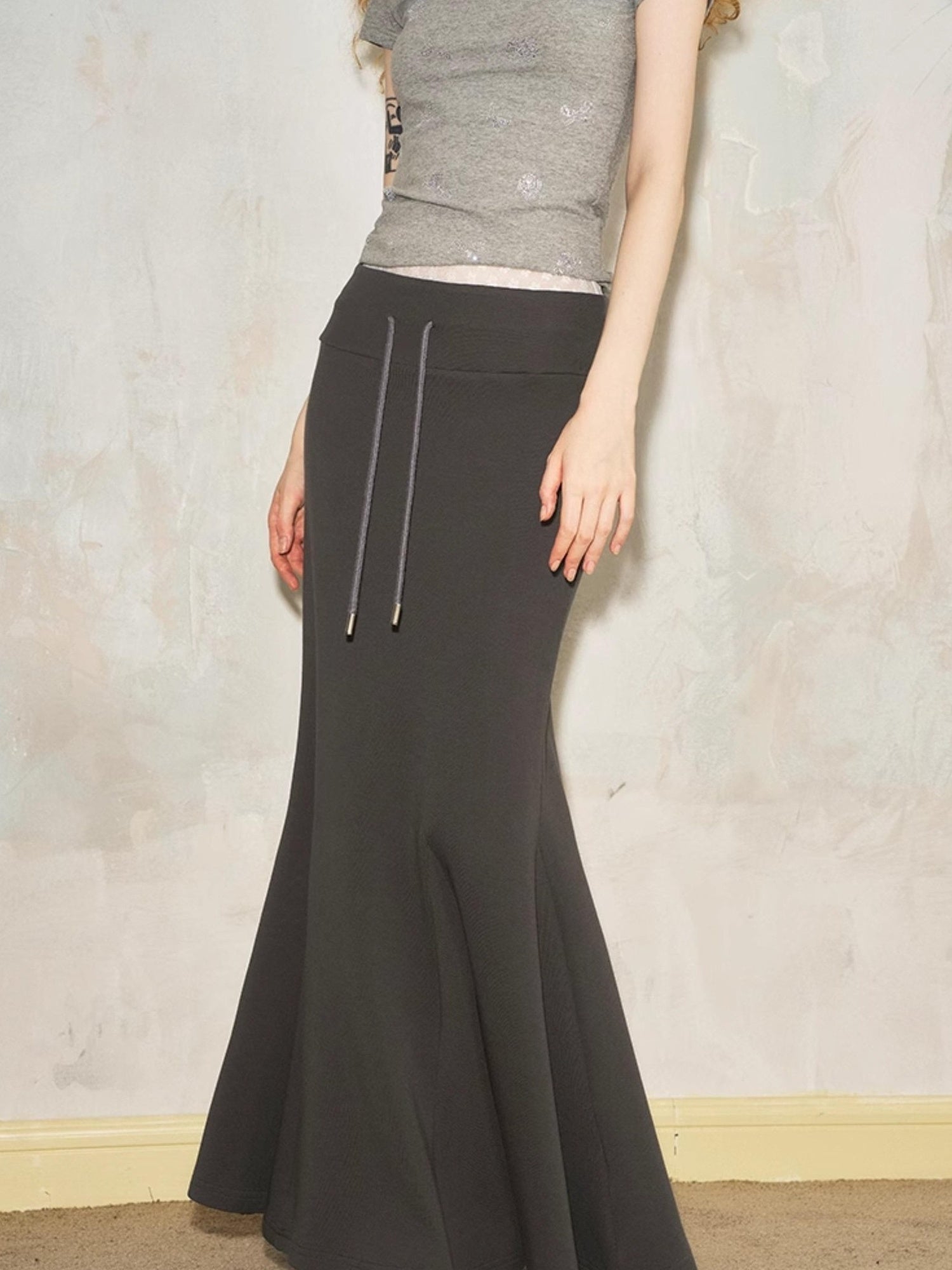 DIDDI MODA Sporty Lace Waist Flared Knit Skirt With Drawstring